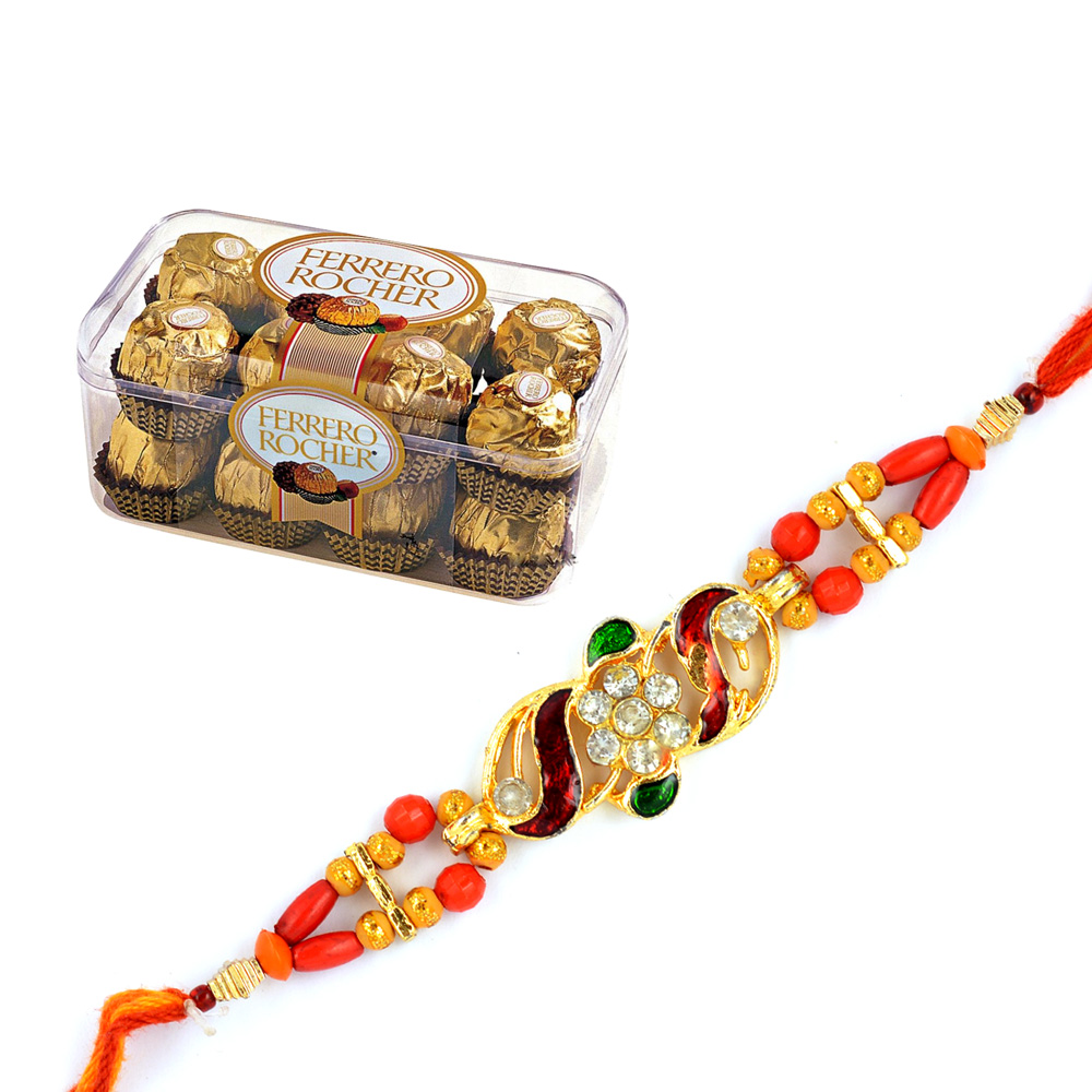 Golden Meena Diamond Rakhi with 16 Pcs Ferrero Rocher Chocolates