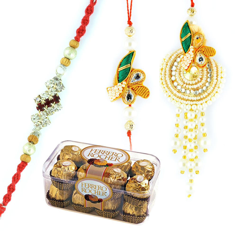 Bhaiya Bhabhi Pearl Rakhi n 1 Diamond Sandalwood Rakhi with Ferrero Rocher 16 Pcs