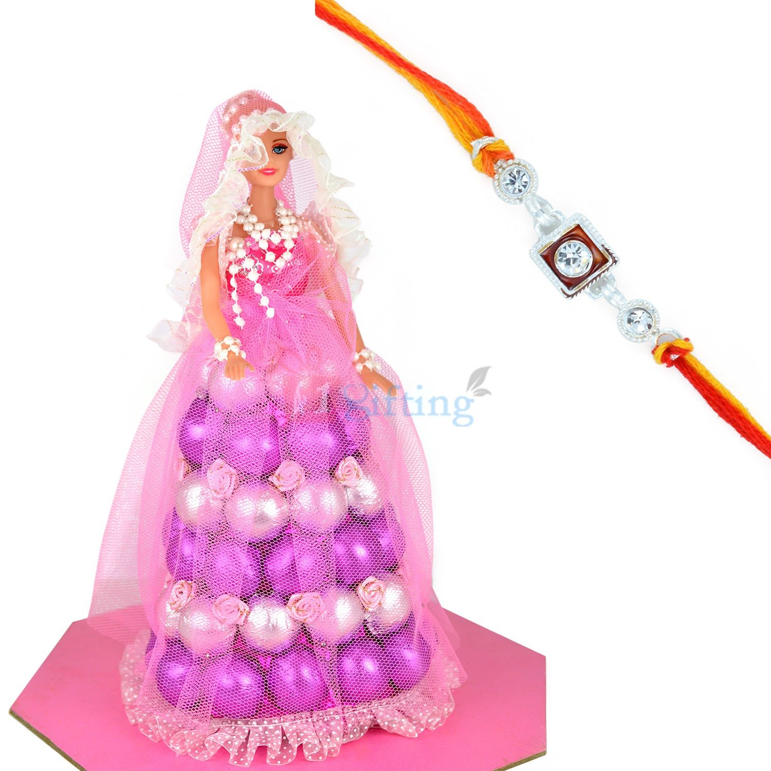 Chocolate Barbie Doll with Diamond Silver Rakhi
