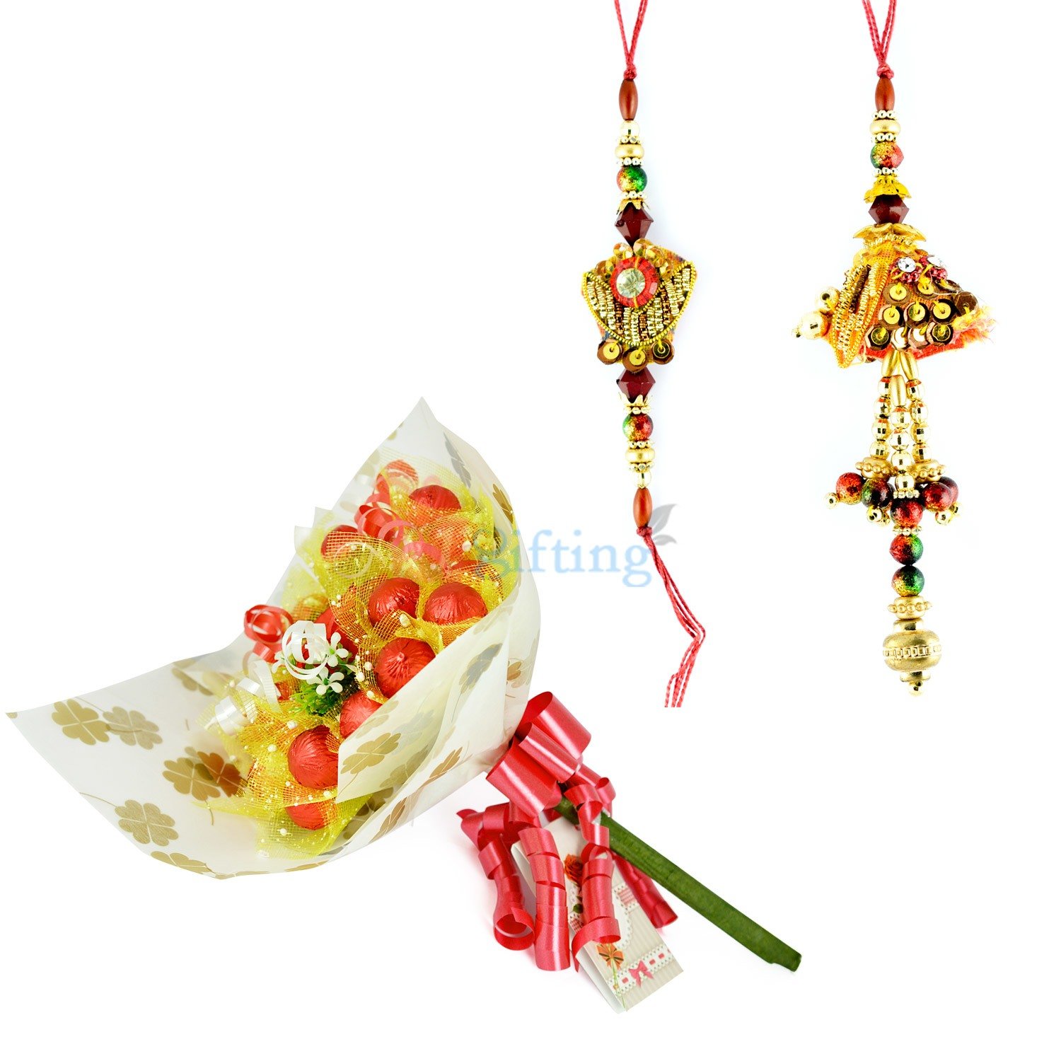 Zari Beads Pair Rakhi with Cherry Chocolate Bouquet