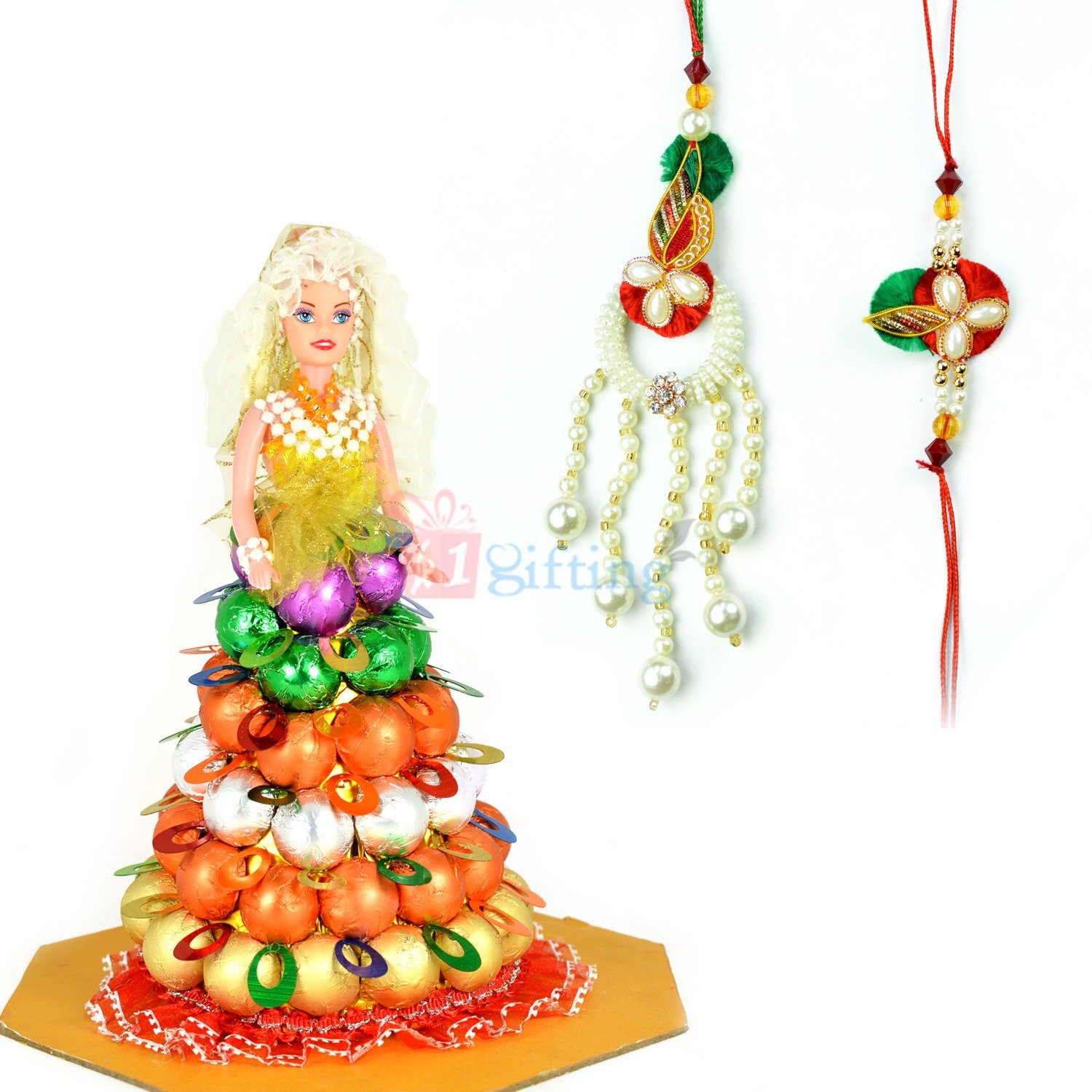 Pearl Floral Pair Rakhi with Chocolate Doll