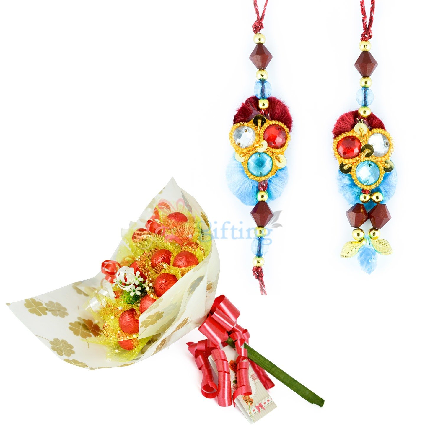 Tri Stone Floral Pair Rakhi with Chocolate Bouquet