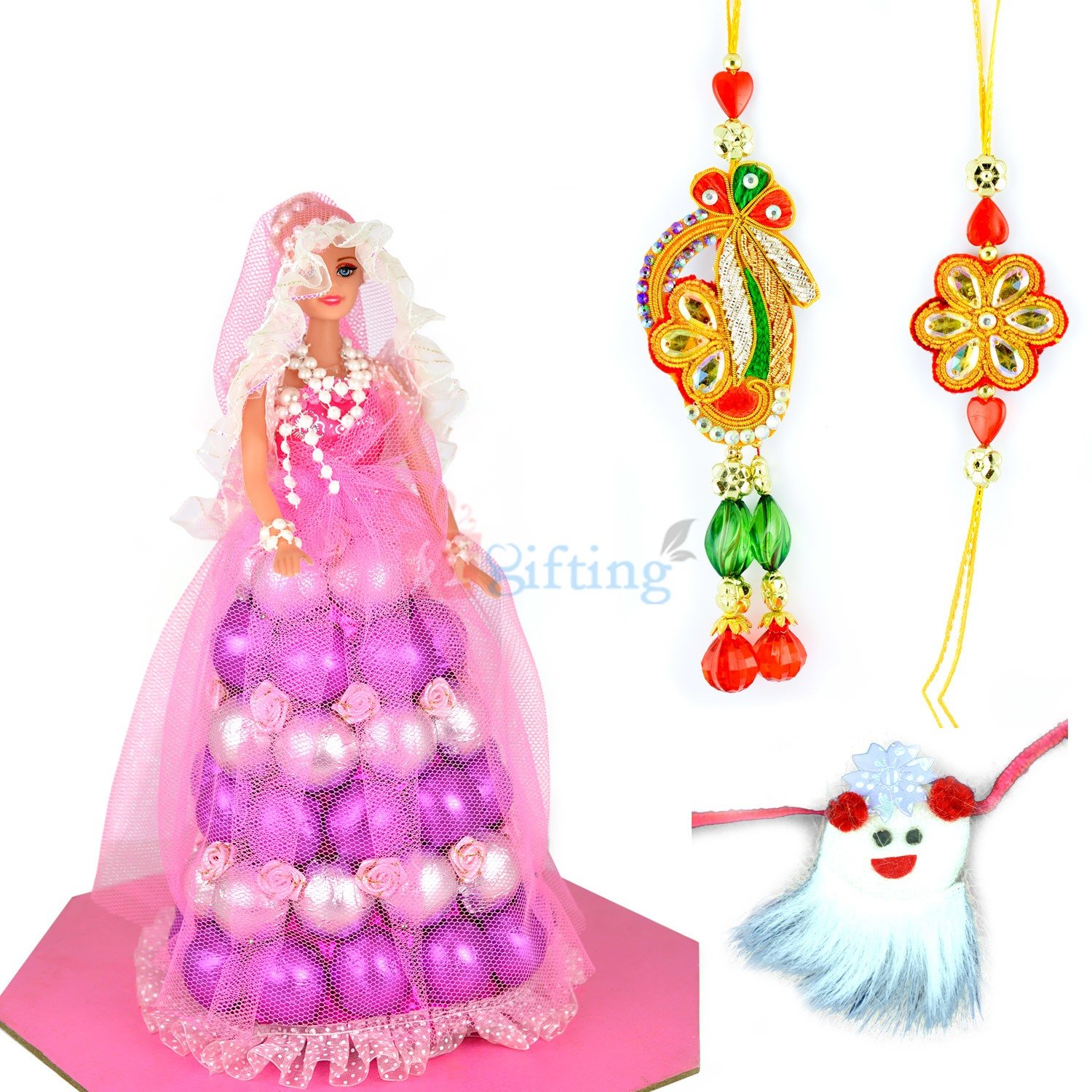 Flower Pair and Kids Rakhi with Chocolate Doll
