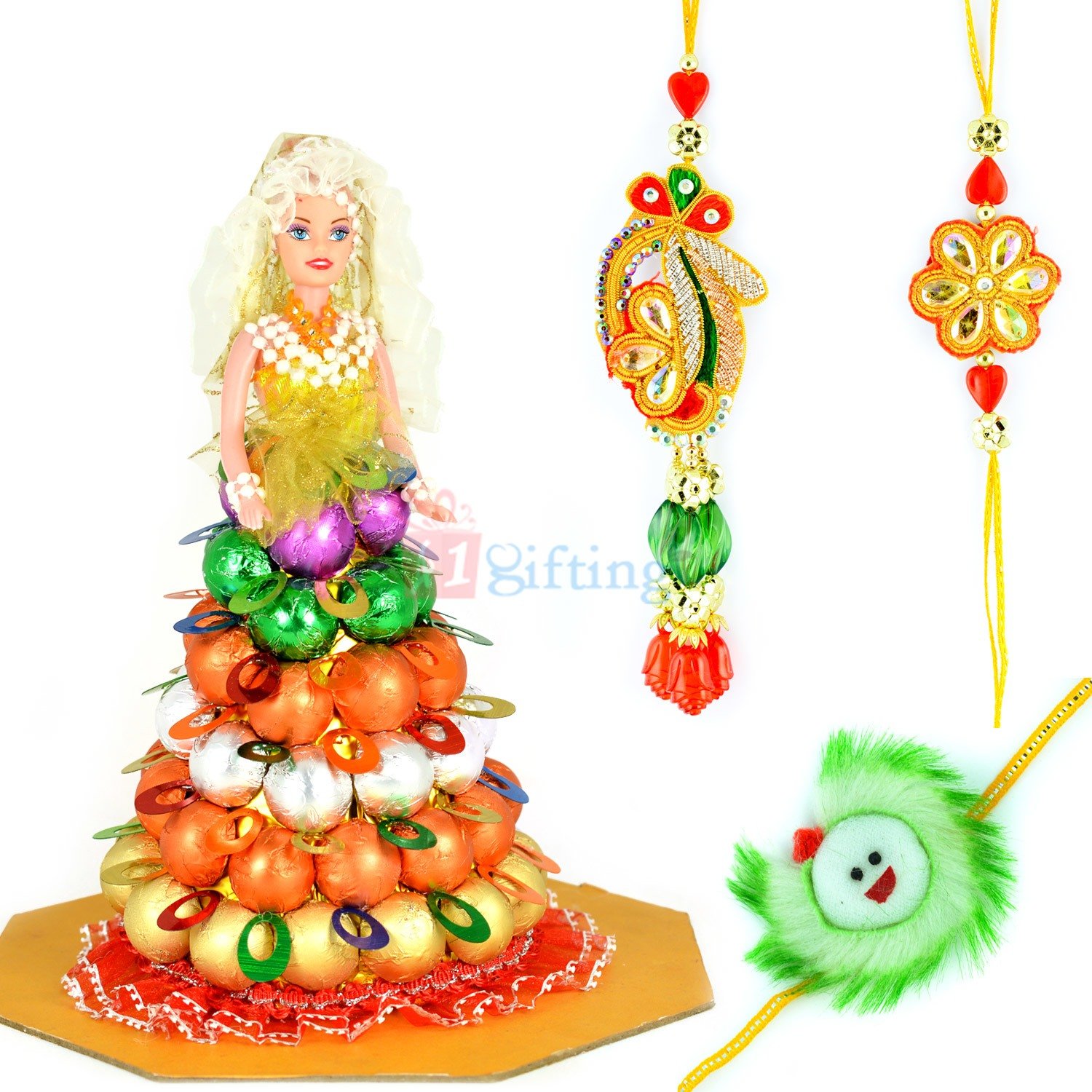 Flower Pair with Kids Rakhi and Chocolate Barbie Doll
