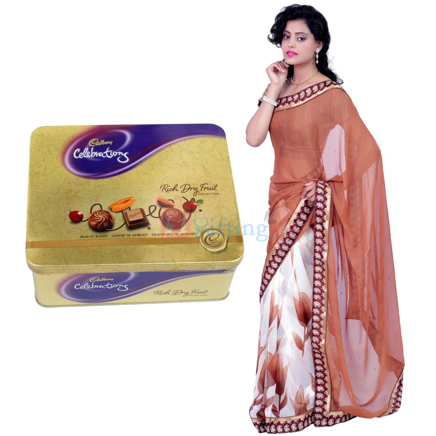 Chiffon Silk Saree with Cadbury Dry Fruit Tin Chocolate