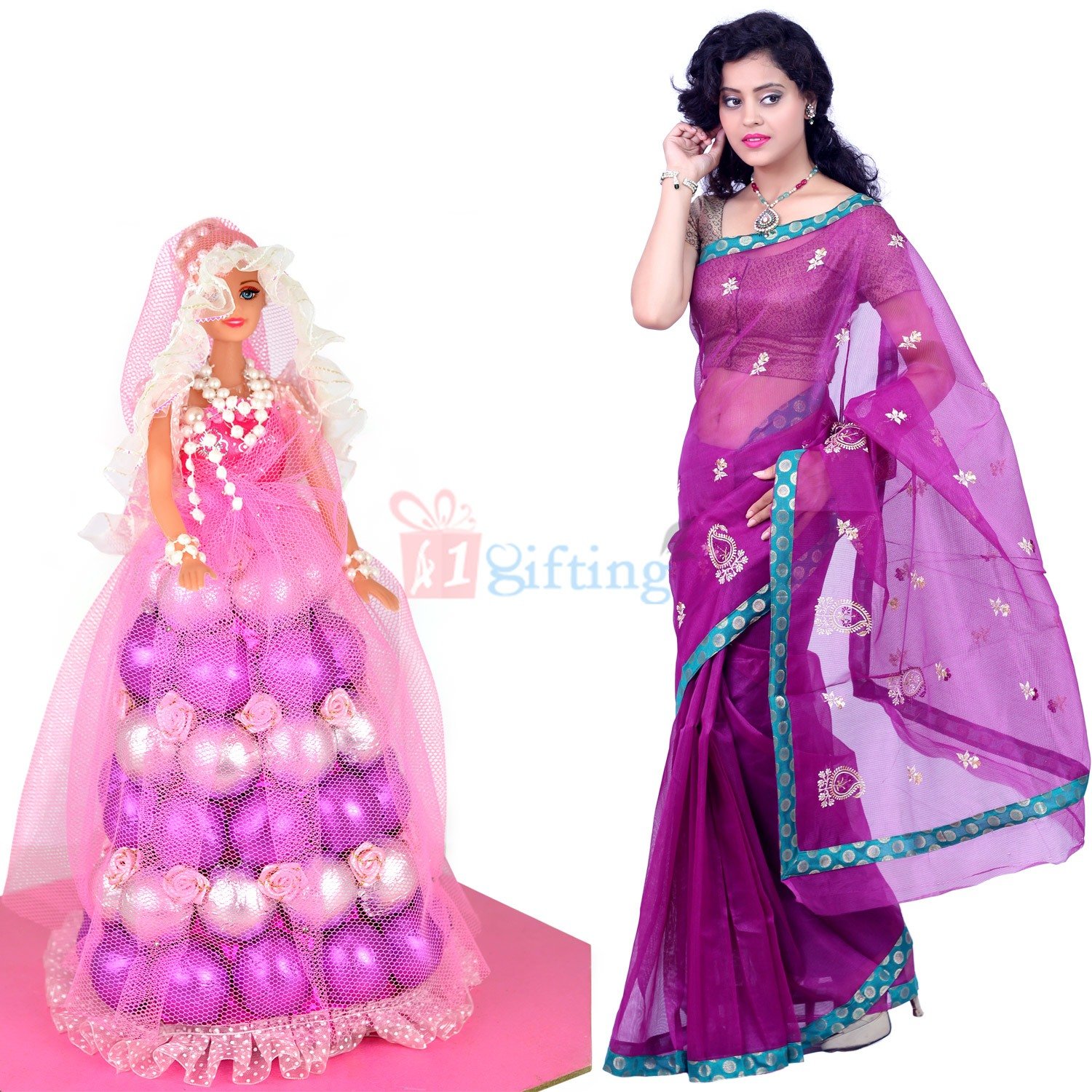 Supernet Saree with Barbie Doll Chocolate