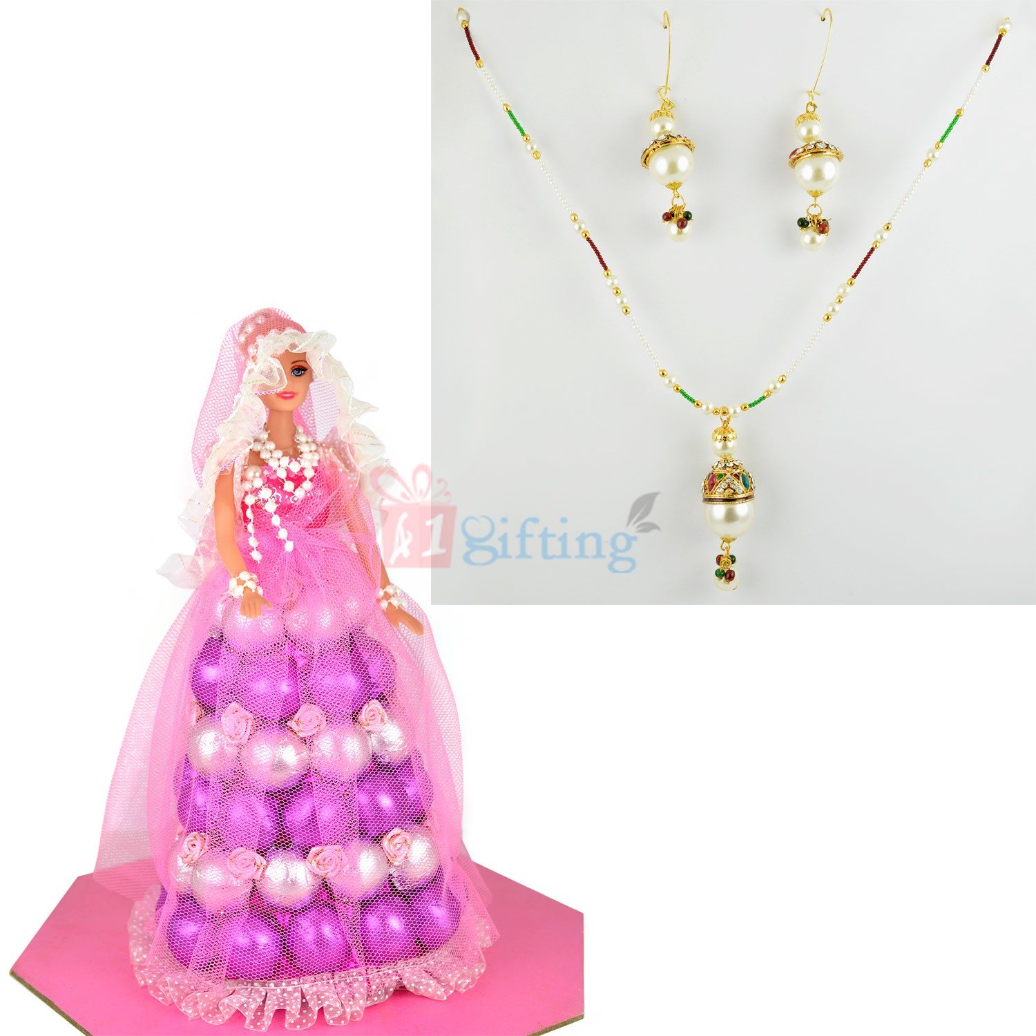 Pearl Necklace Earings with Barbie Chocolate Doll