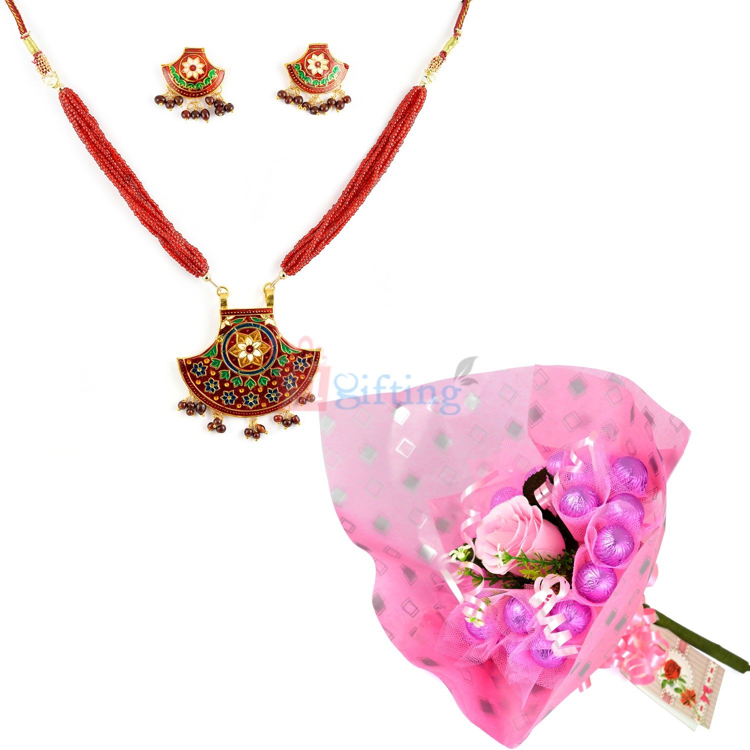 Earing Locket Set with Cherry Chocolate Bouquet