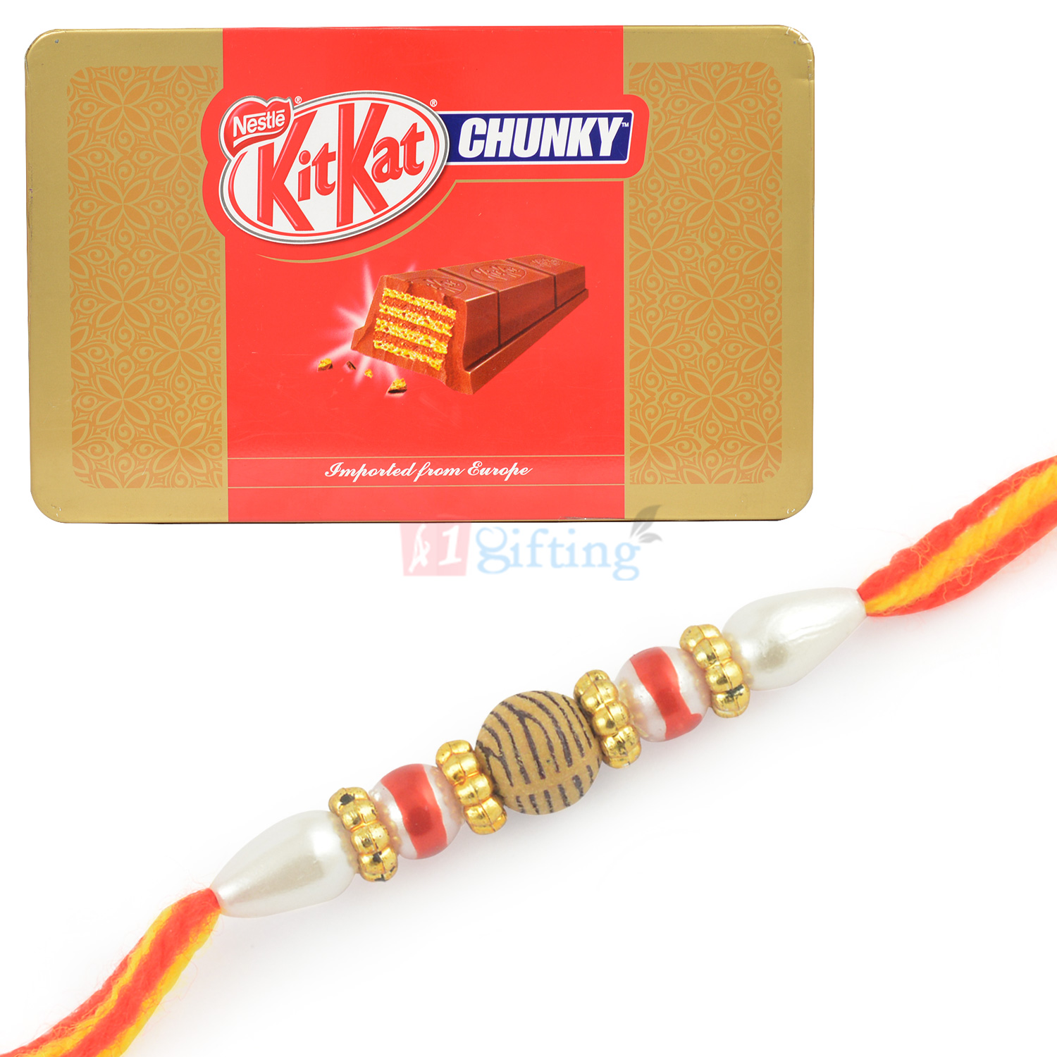 KitKat Chunky Box and Pearl Beaded Beautiful Rakhi Set