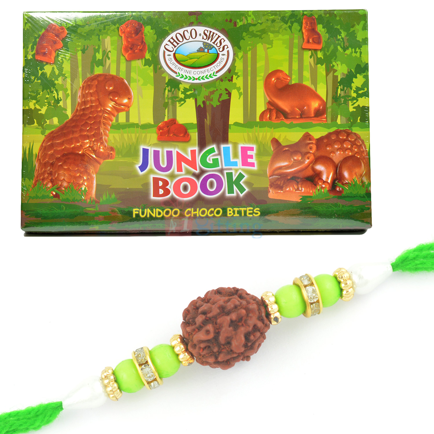 Holy Rudraksh Beads Rakhi with Jungle Book Fundoo Choco Bites