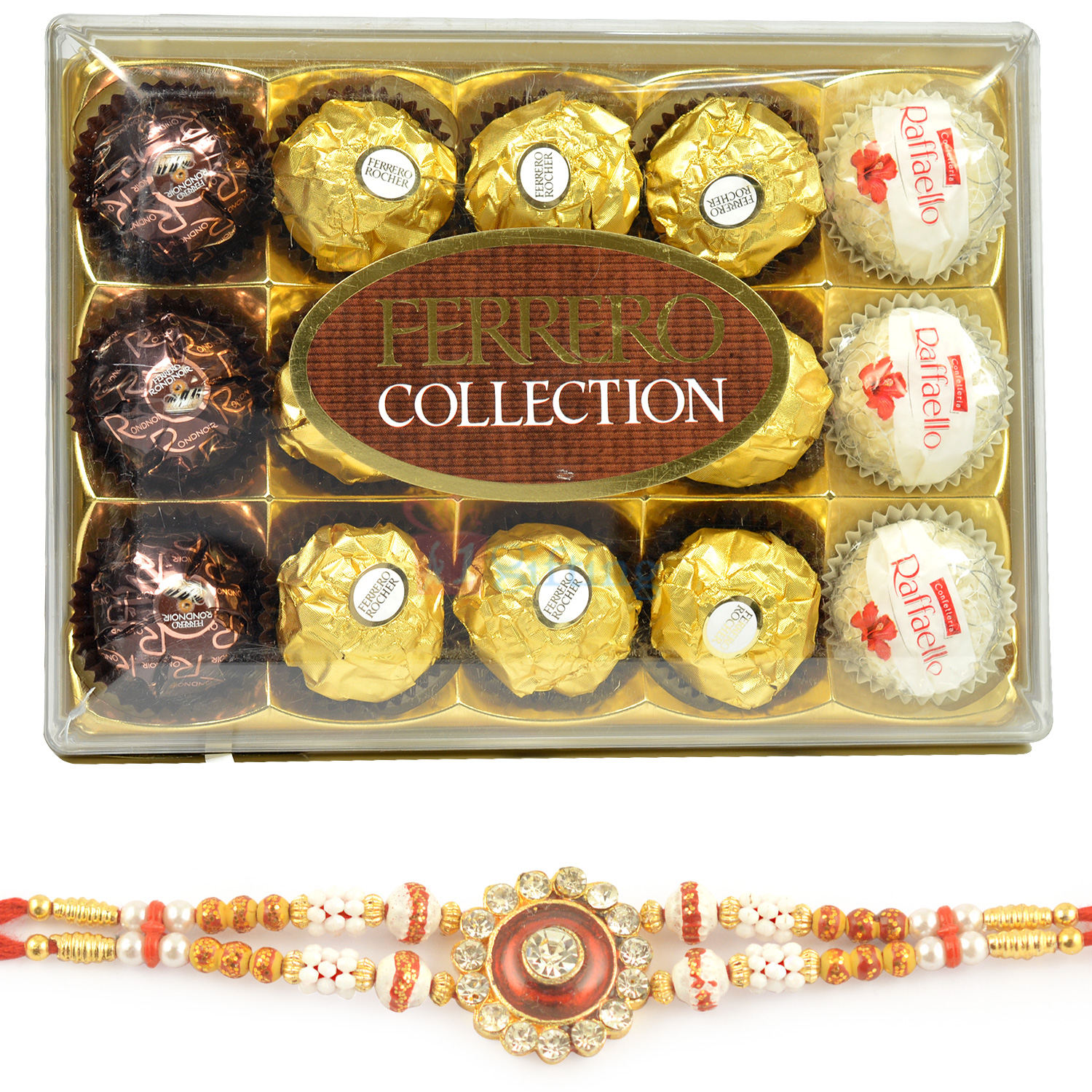 T-15 Box of Ferrero Collection Chocolate Box with Diamond Rakhi Set