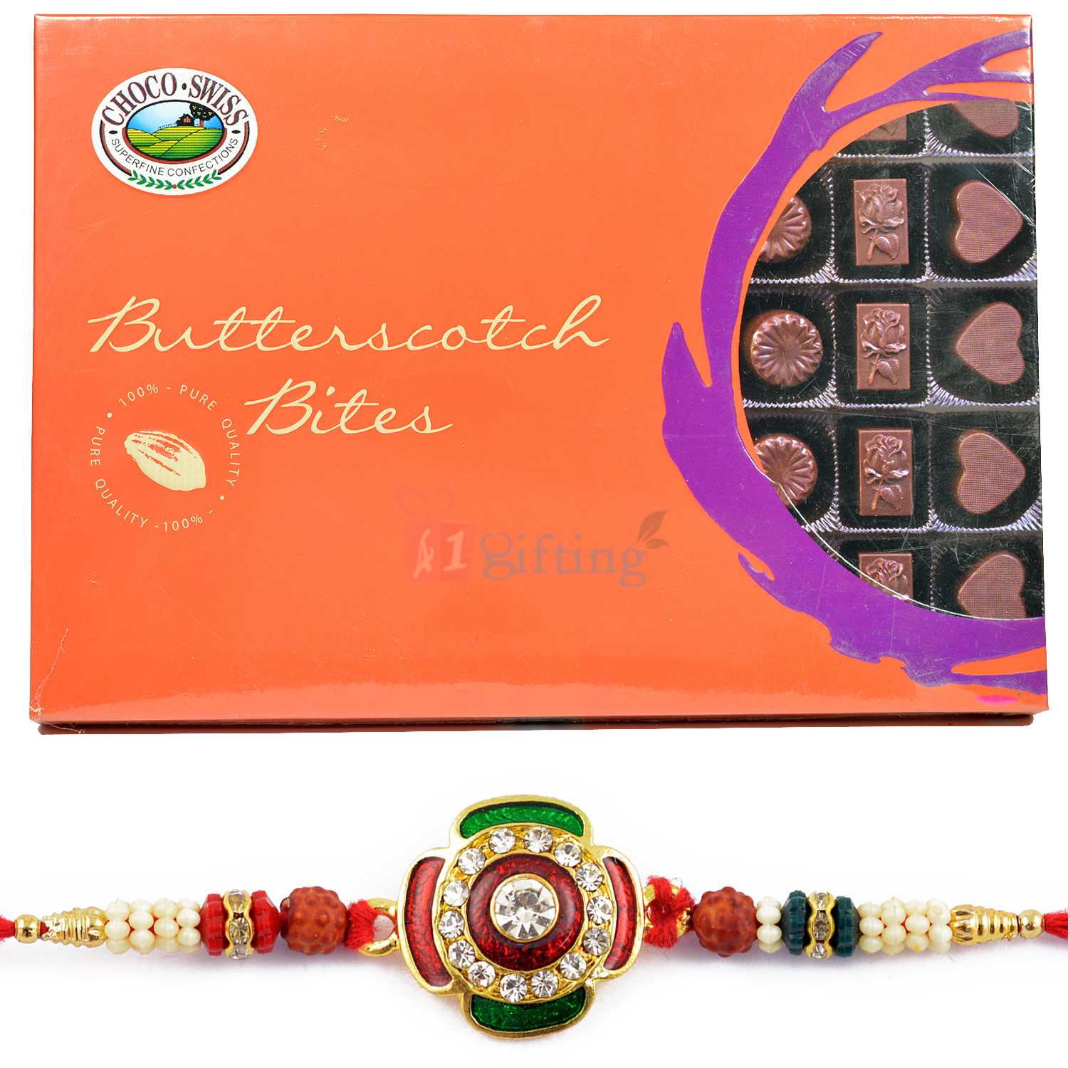 Butterscotch Bites Choco Swiss and Meena Diamond Rakhi Hamper