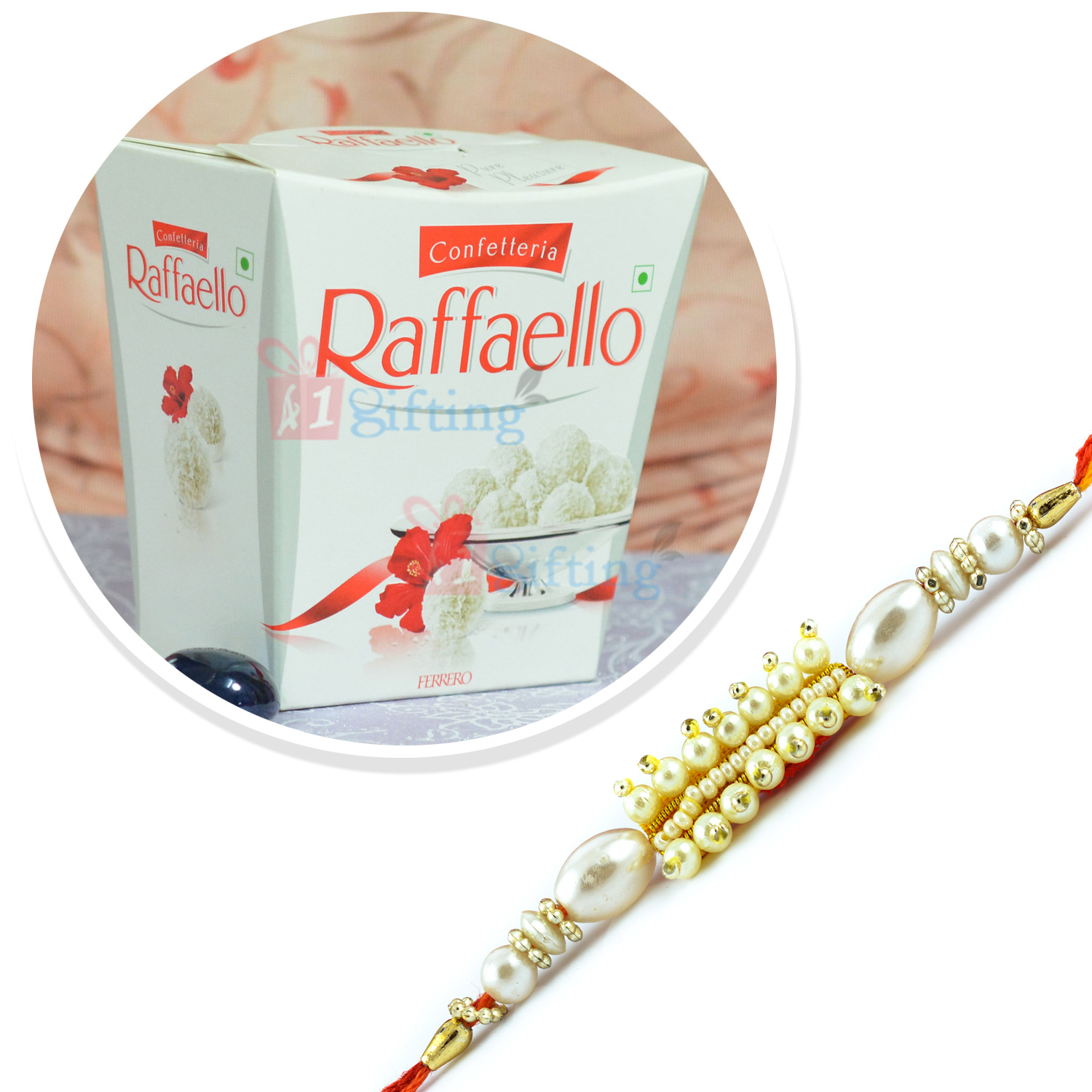 Raffaello Contection Chocolate with Fine Fress Pearl Rakhi Combo
