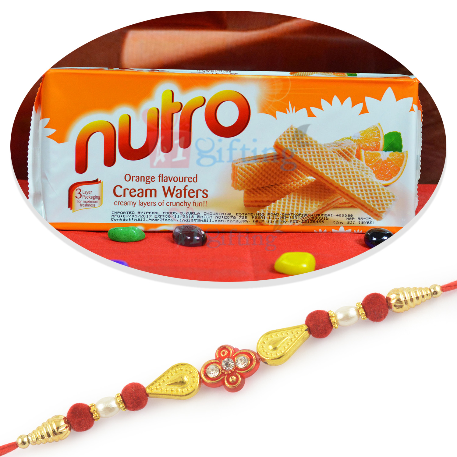 Designer Beaded Rakhi and Nutro Orange Cram Wafers Set