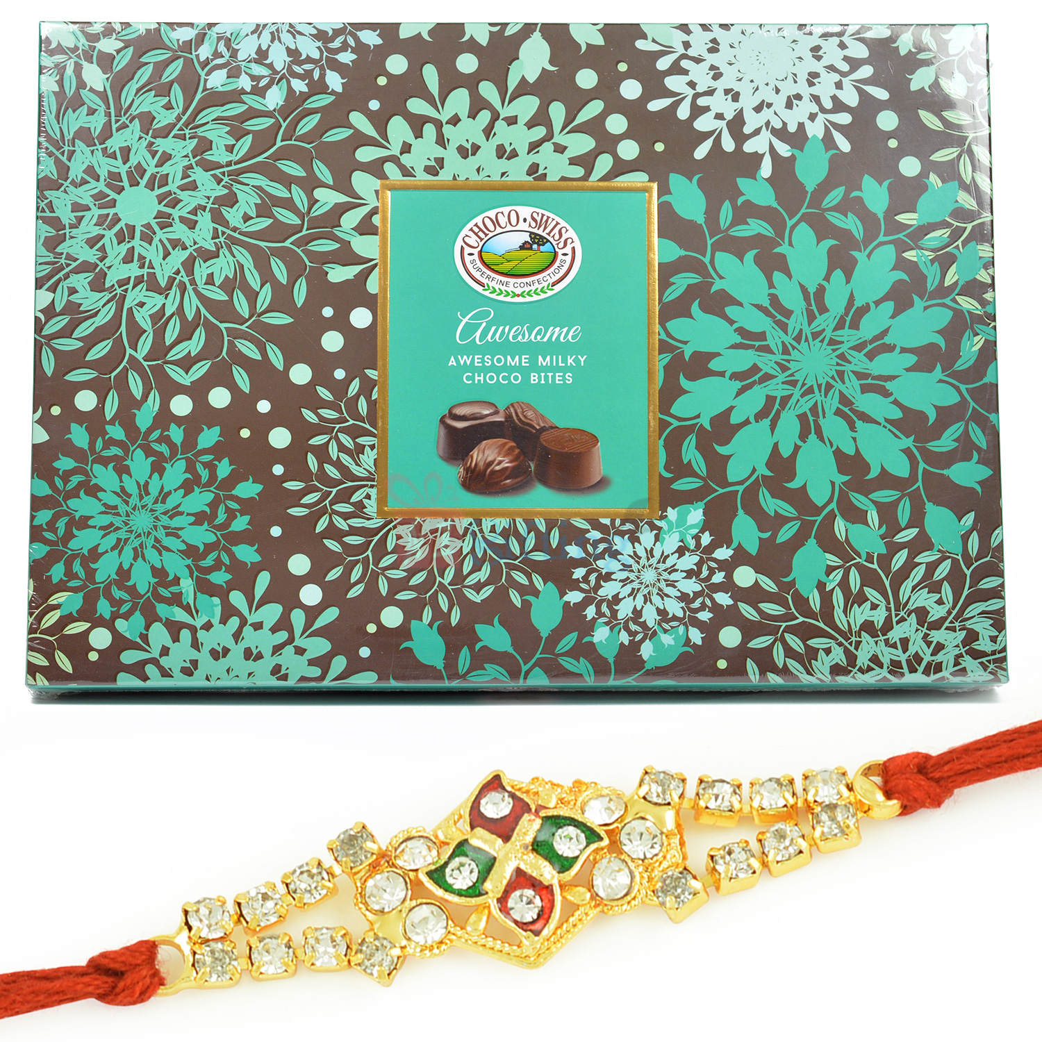 Diamond Meena Work Rakhi with Awesome Choco Swiss Chocolate