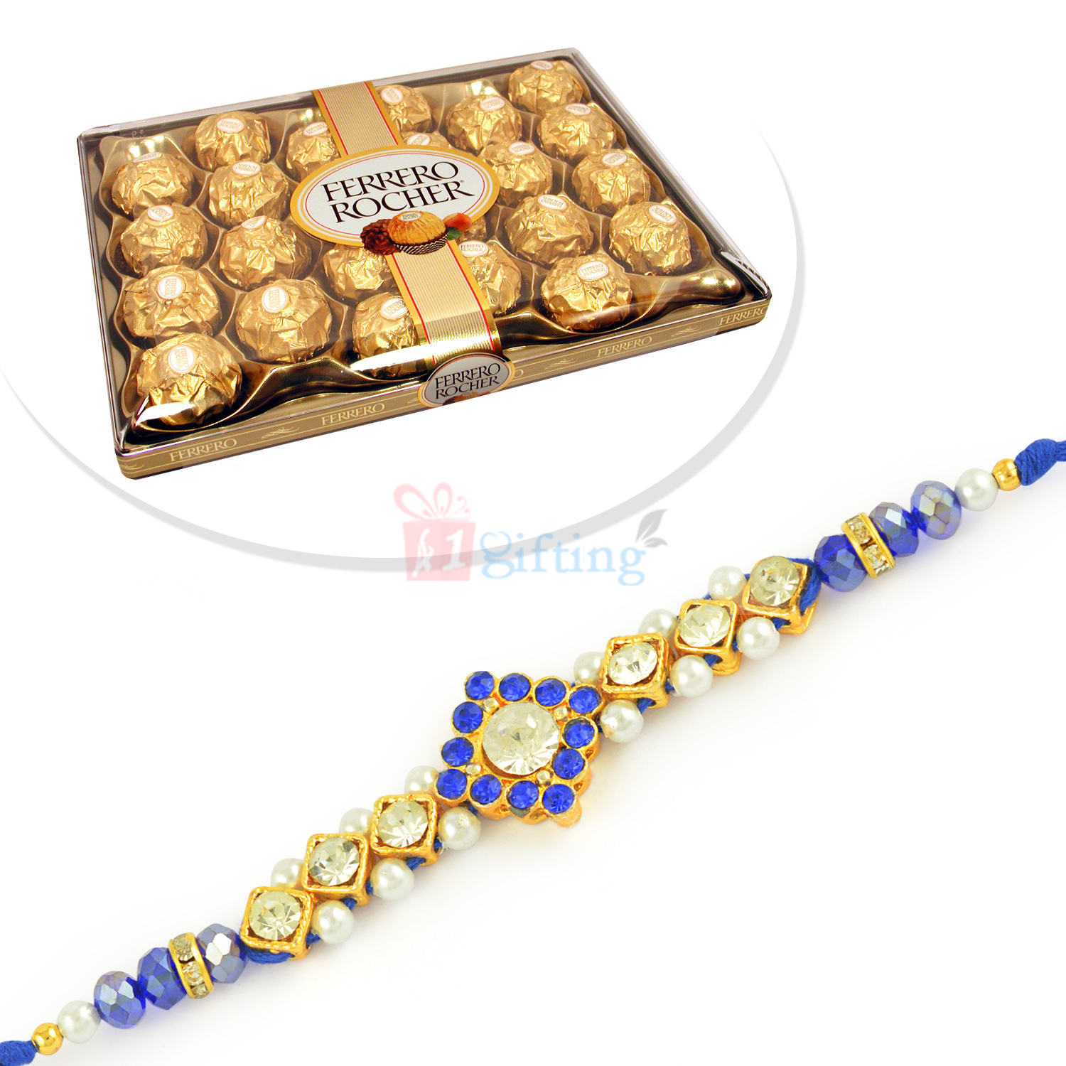 Blue and Diamond Rakhi with Ferrero Rocher 24 Pcs Combo