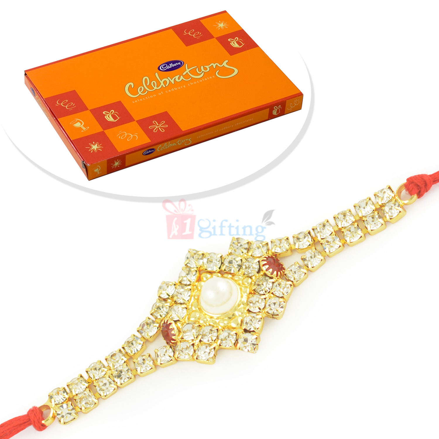 Diamond Pearl Special Rakhi with Small Celebration Box