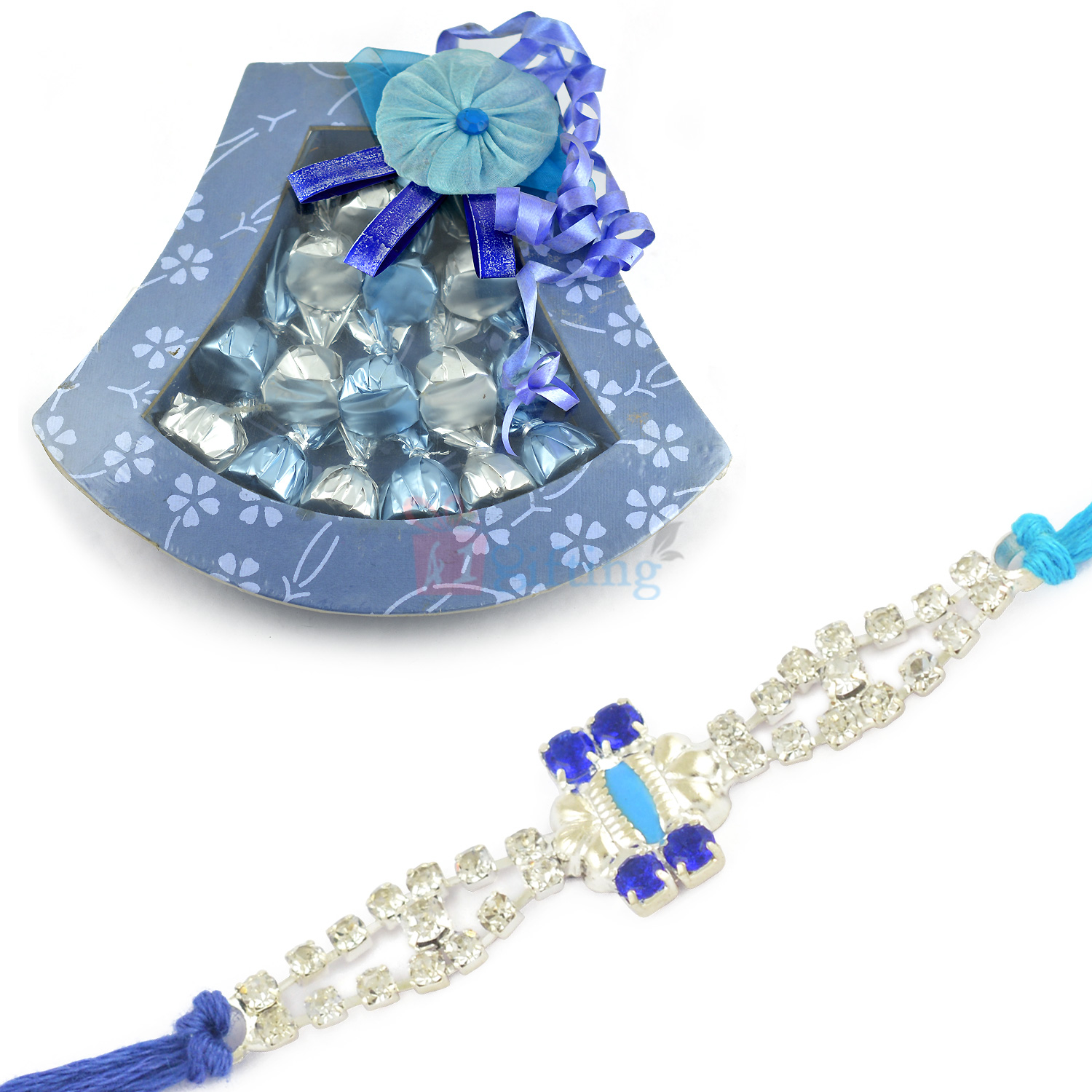 White and Blue Diamond Rakhi with Homemade Chocolate Box