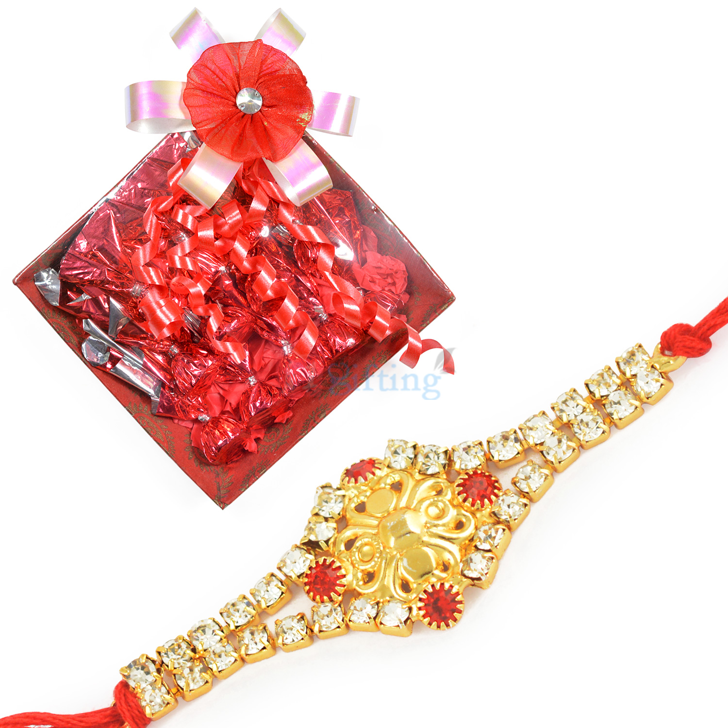 Special Golden Fancy Diamond Rakhi with Red Homemade Chocolate Box