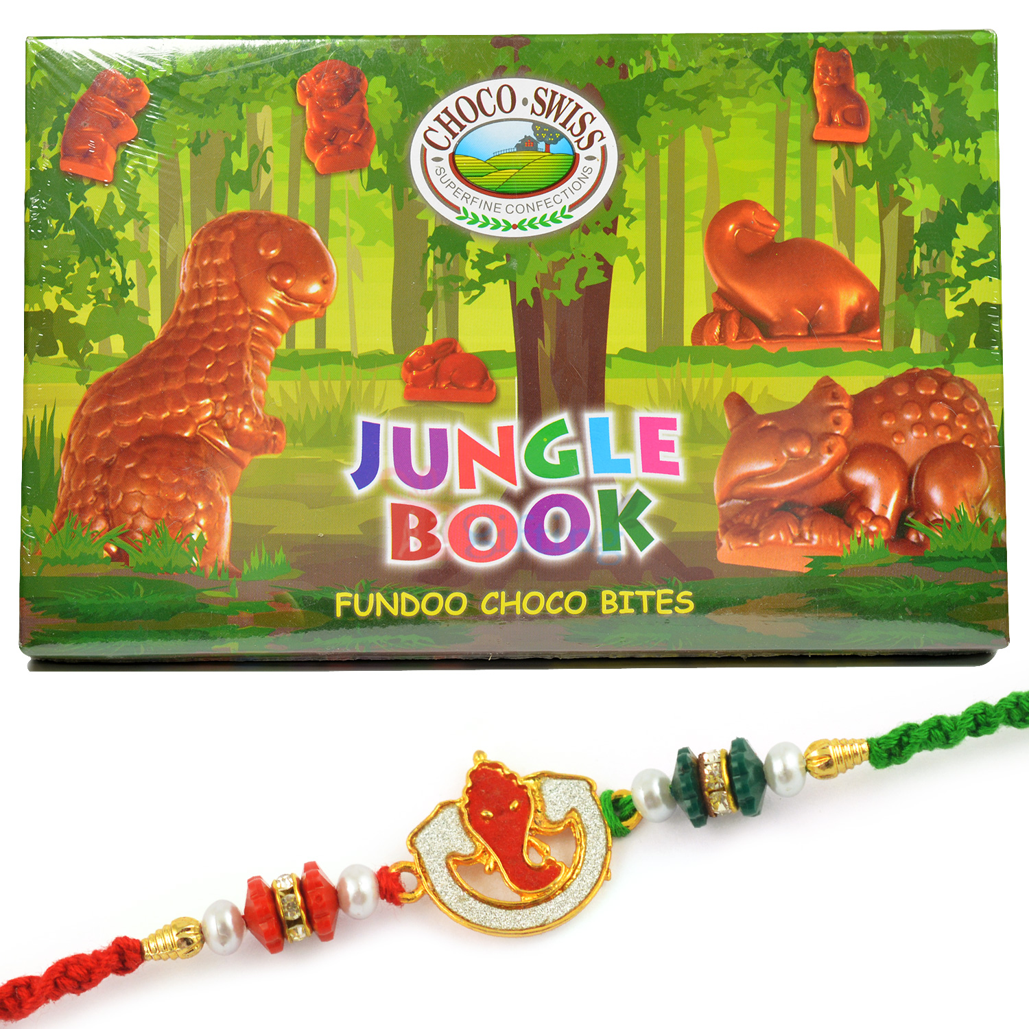 AD Ganesha Beads Rakhi with Jungle Book Choco Swiss Chocolate Box