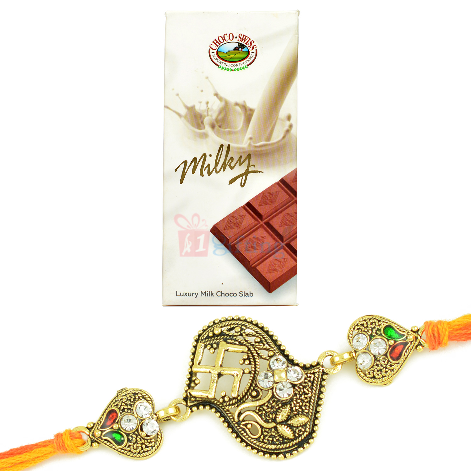Milky Luxury Choco Swiss Chocolate and Antique Swastik Rakhi