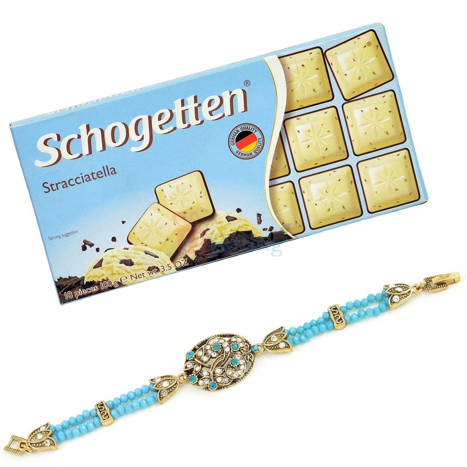 Schogetten Stracciatella Yummy Chocolate with Designer Rakhi Bracelet