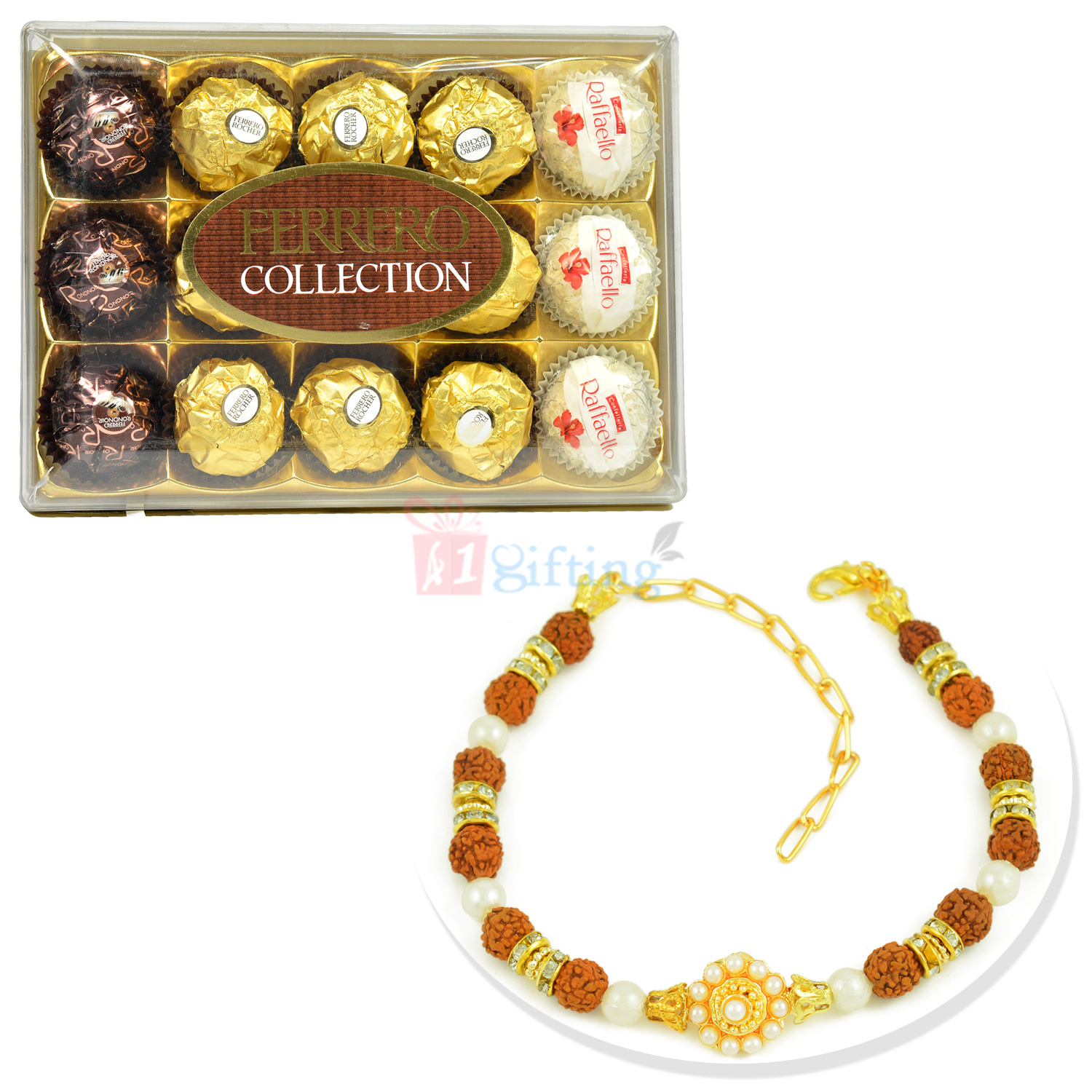 Rudraksh Pearl Bracelet Rakhi with 15 Pcs Ferrero Collection Chocolate