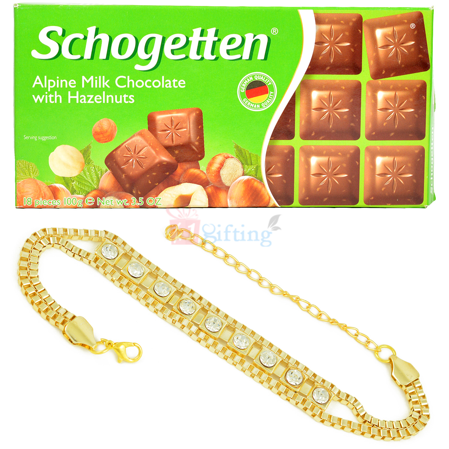 Schogetten Alpine Milk Chocolate with Golden Bracelet Rakhi