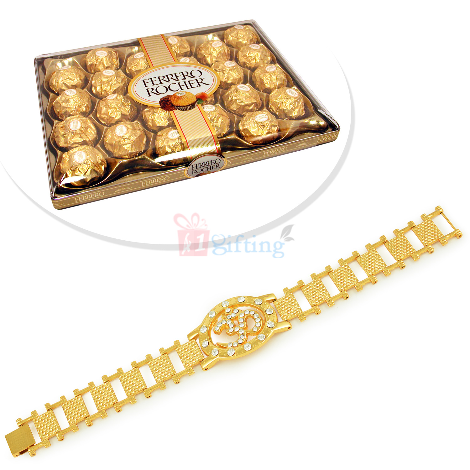 Golden OM Watch Rakhi Bracelet with Ferrero Rocher 24 Pcs Box