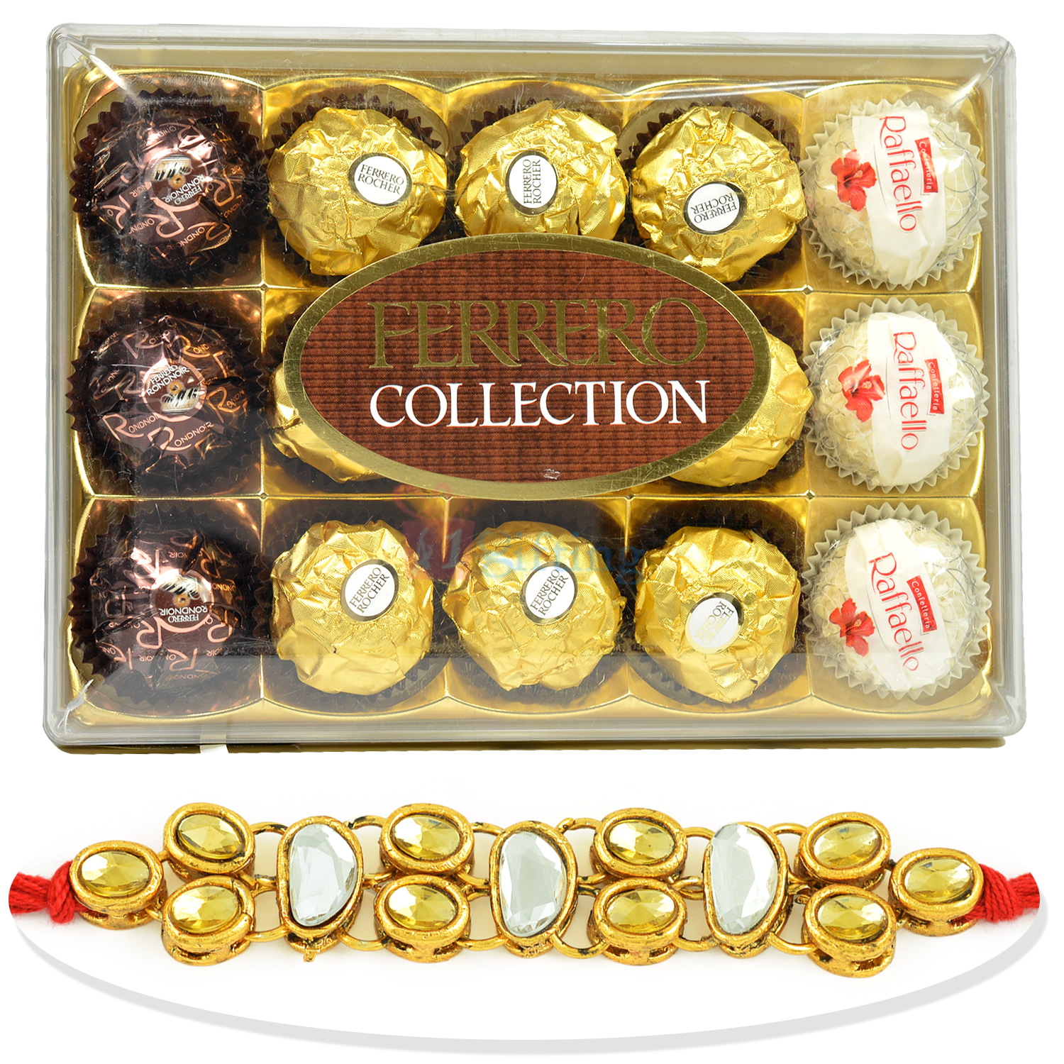 Kundan Citrine Golden Rakhi with T-15 Ferrero Collection Box