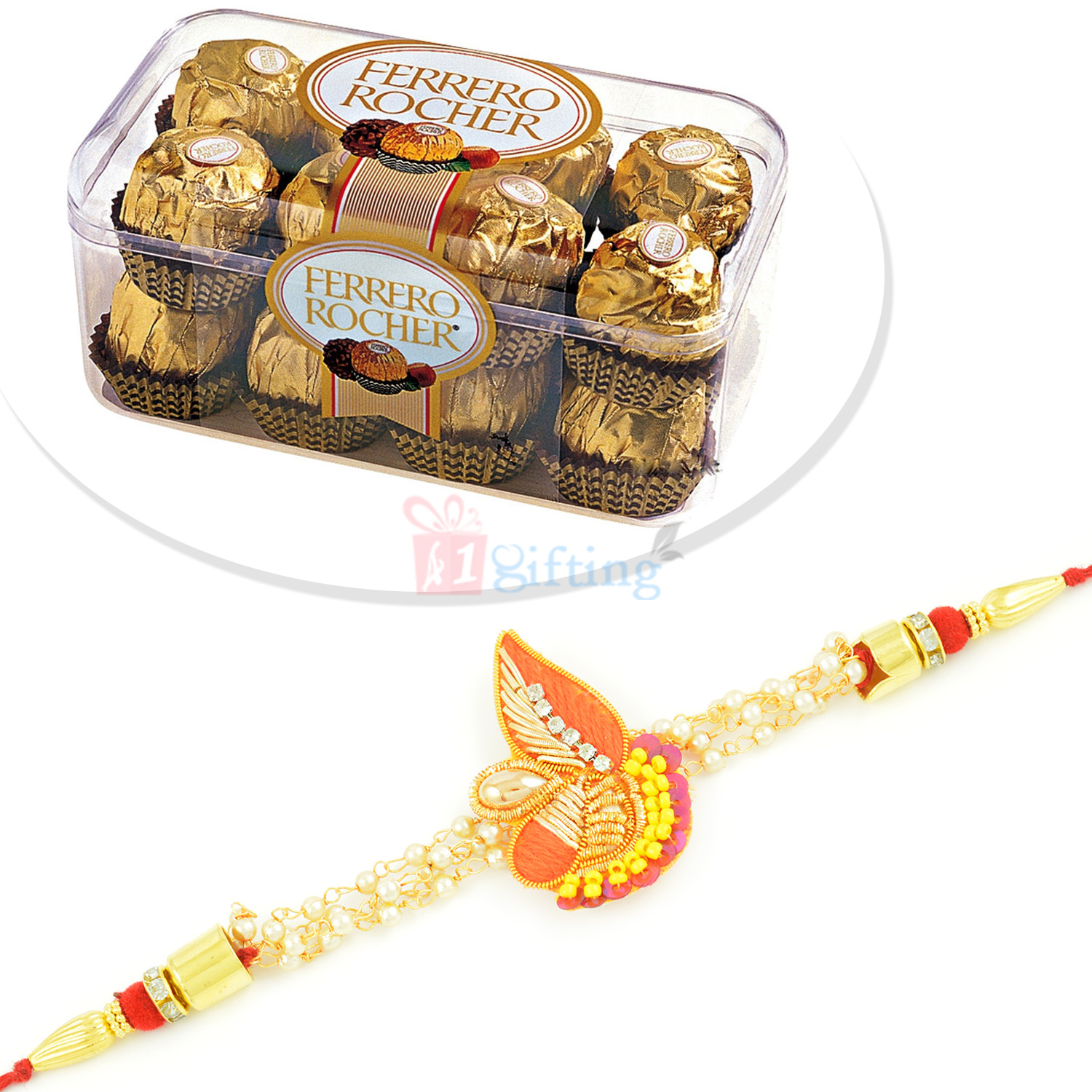 Ferrero Rocher 16 Pcs Chocolate Box and Zardosi Designer Pearl Rakhi