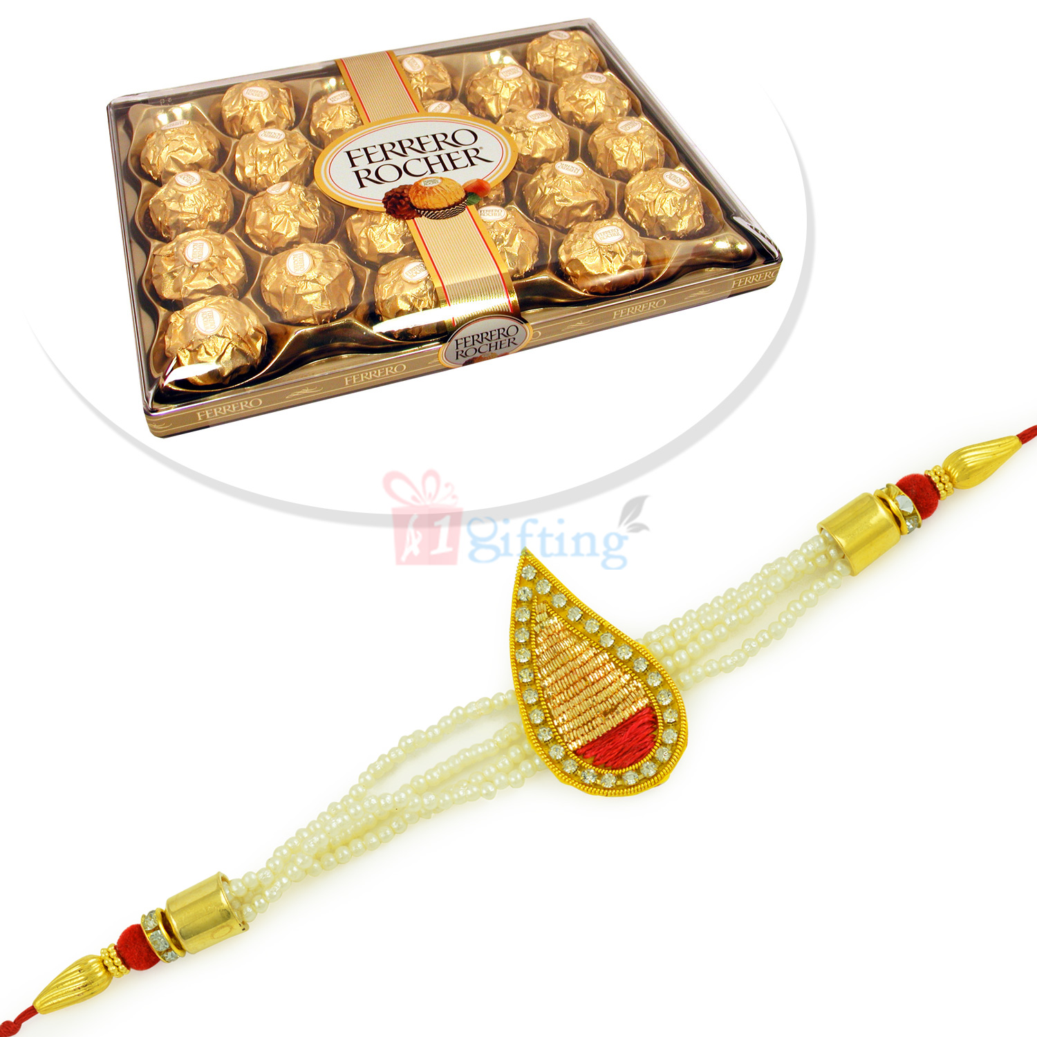 Zardosi Tilak Designer Pearl Rakhi with T-24 Ferrero Rocher Chocolate