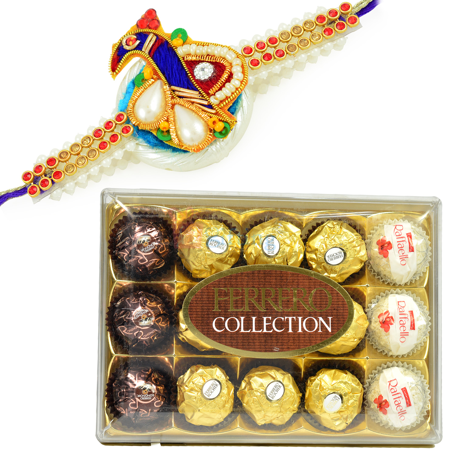 Zardosi Work Peacock Rakhi with Ferrero Collection Chcolate Box