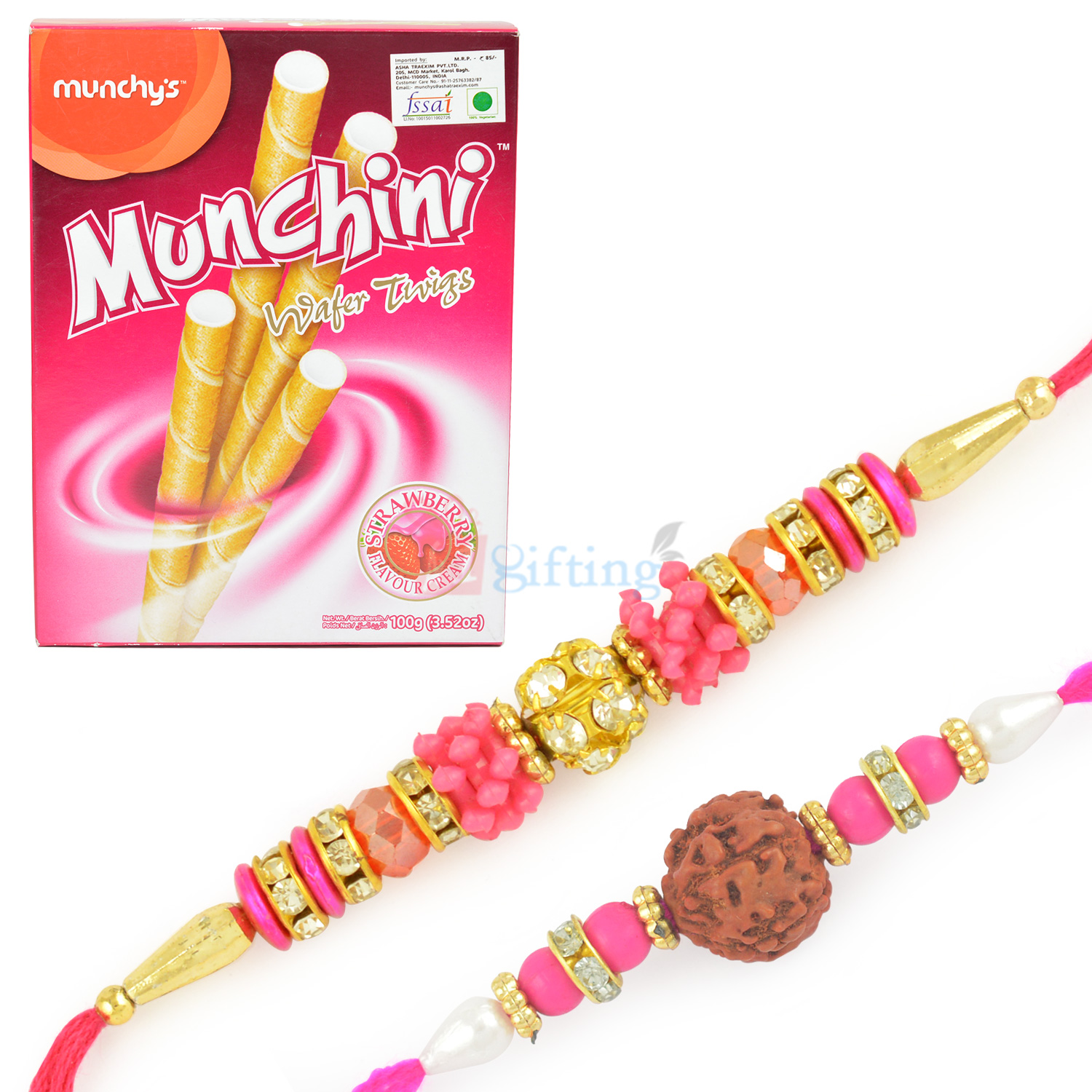 Two Rakhis for Brother and Munchini Wafer Twigs Hamper
