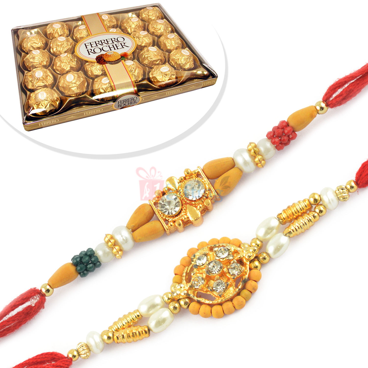 Double Diamond Beads Rakhi with Ferrero Rocher 24 Pcs