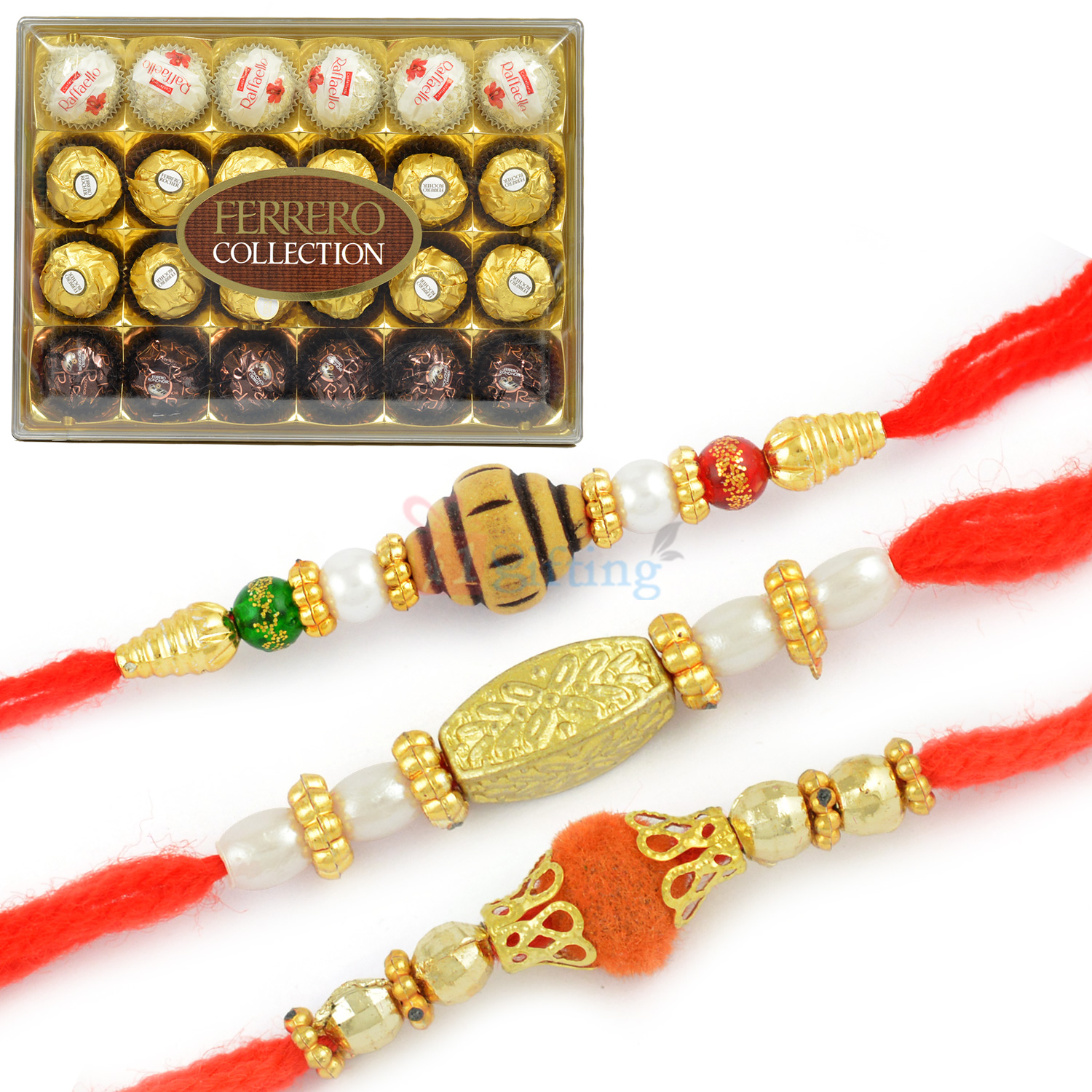 T-24 Ferrero Collection Chocolate 3 Beads Rakhi Hamper