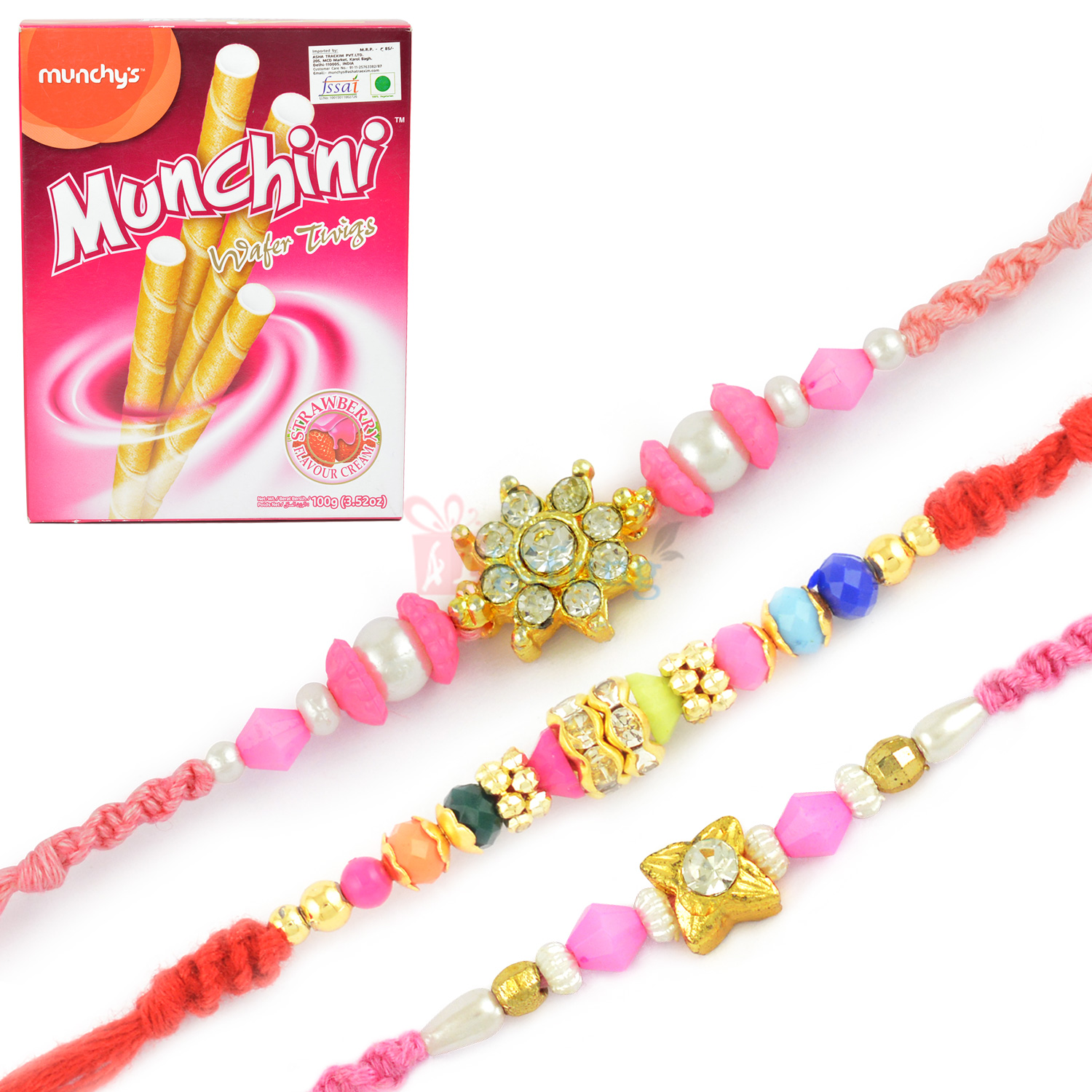 Munchini Wafer Twigs with 3 Pink Beads Rakhi Set