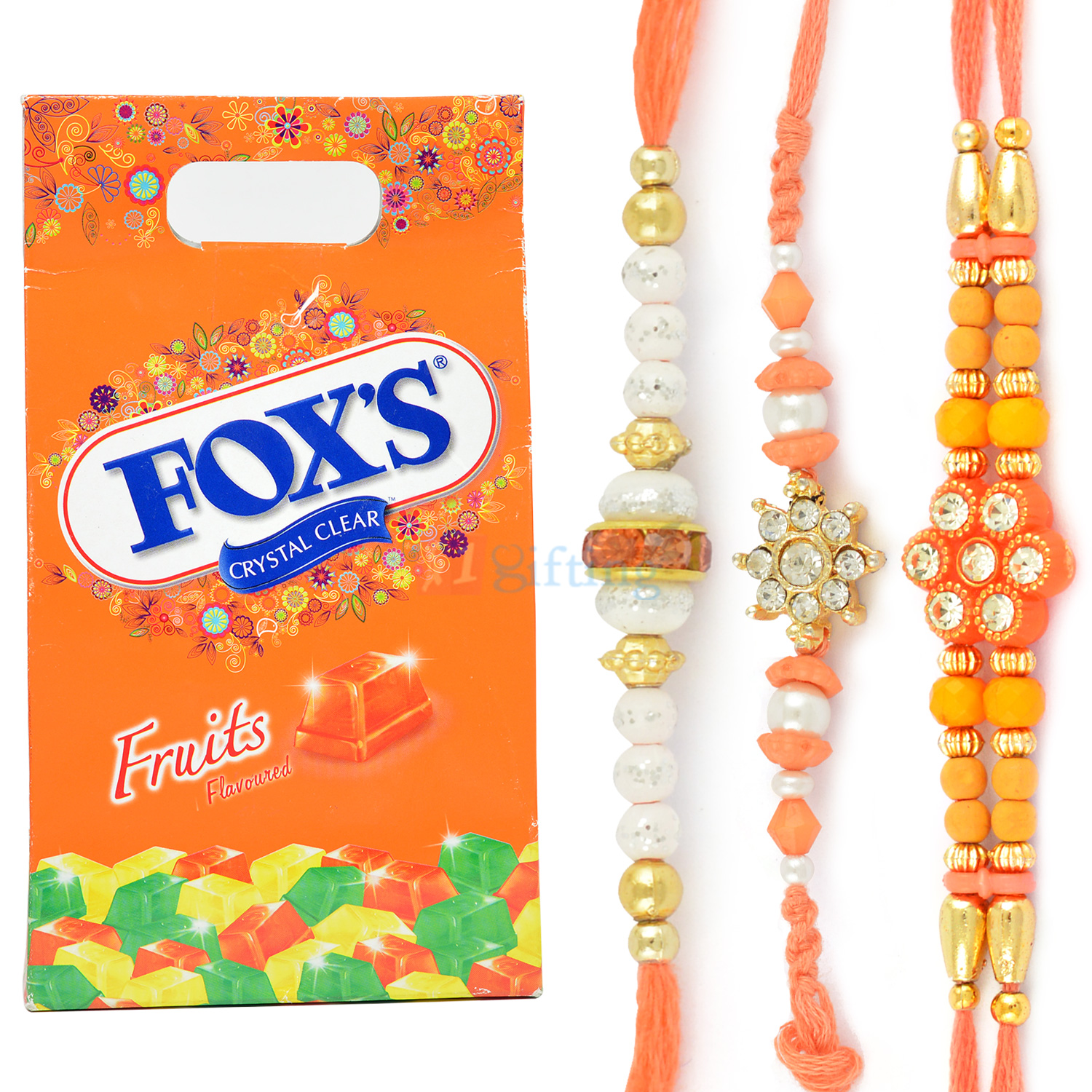 Three Amazing Beads n Pearl Rakhis with Foxs Chocolate Box