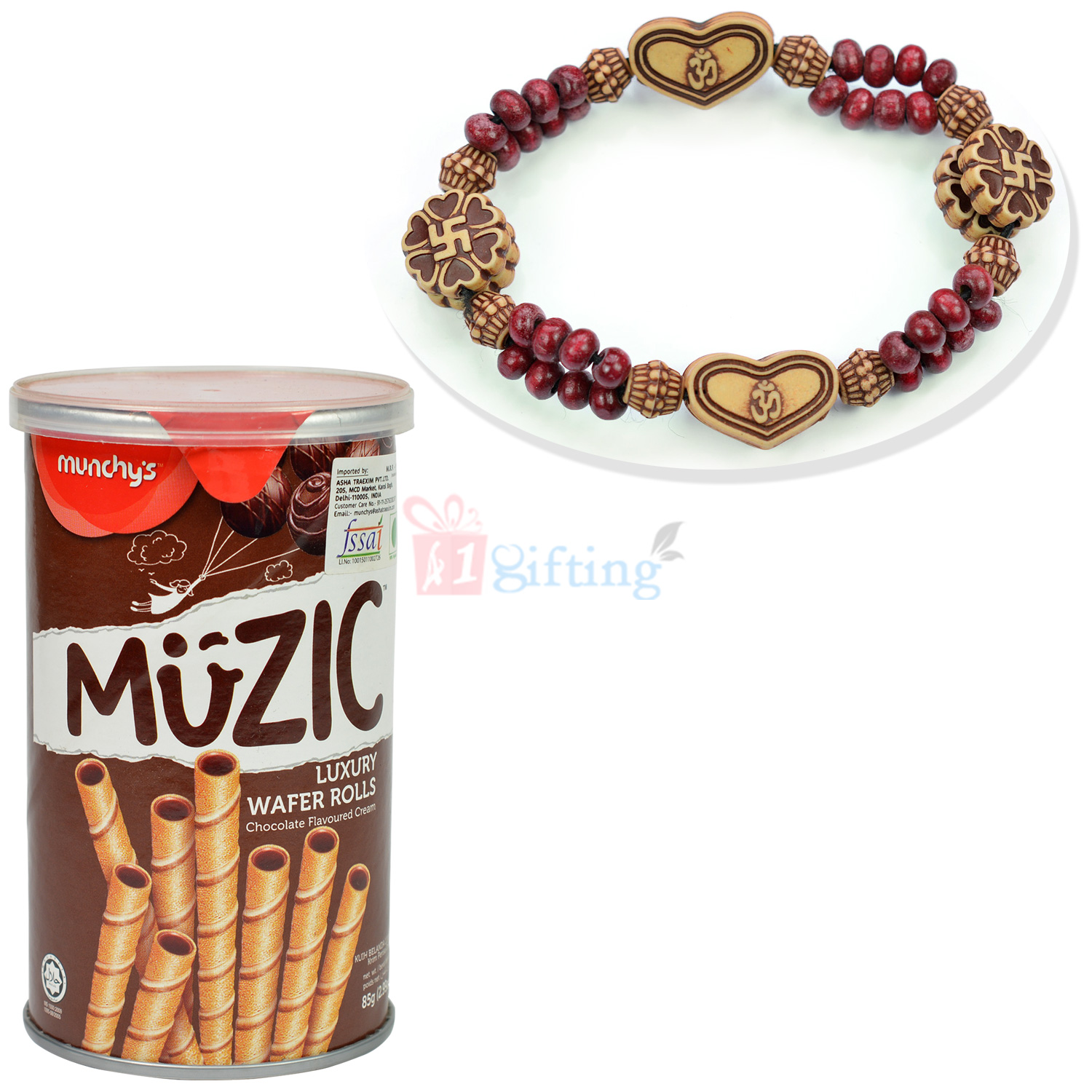 Muzic Wafers with Om Swastic Wooden Look Bracelet