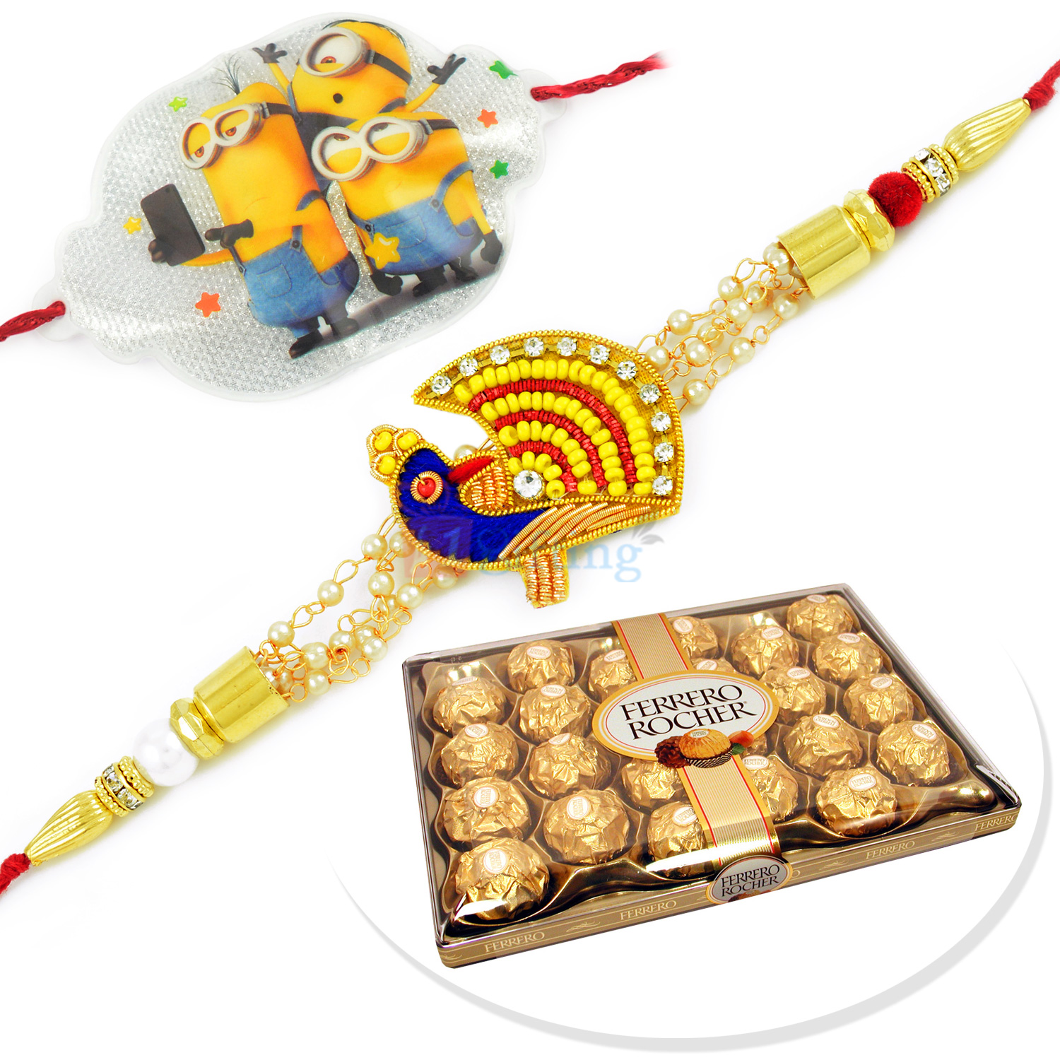 Peacock Bhaiya and Minion Kids Rakhi with T24 Ferrero Rocher
