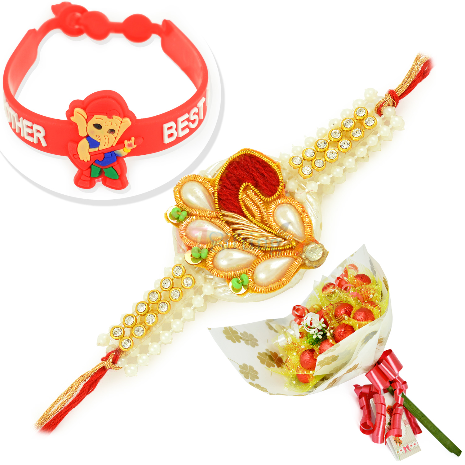 Awesome Pearl with Kids Belt Rakhi and Chocolate Bouquet