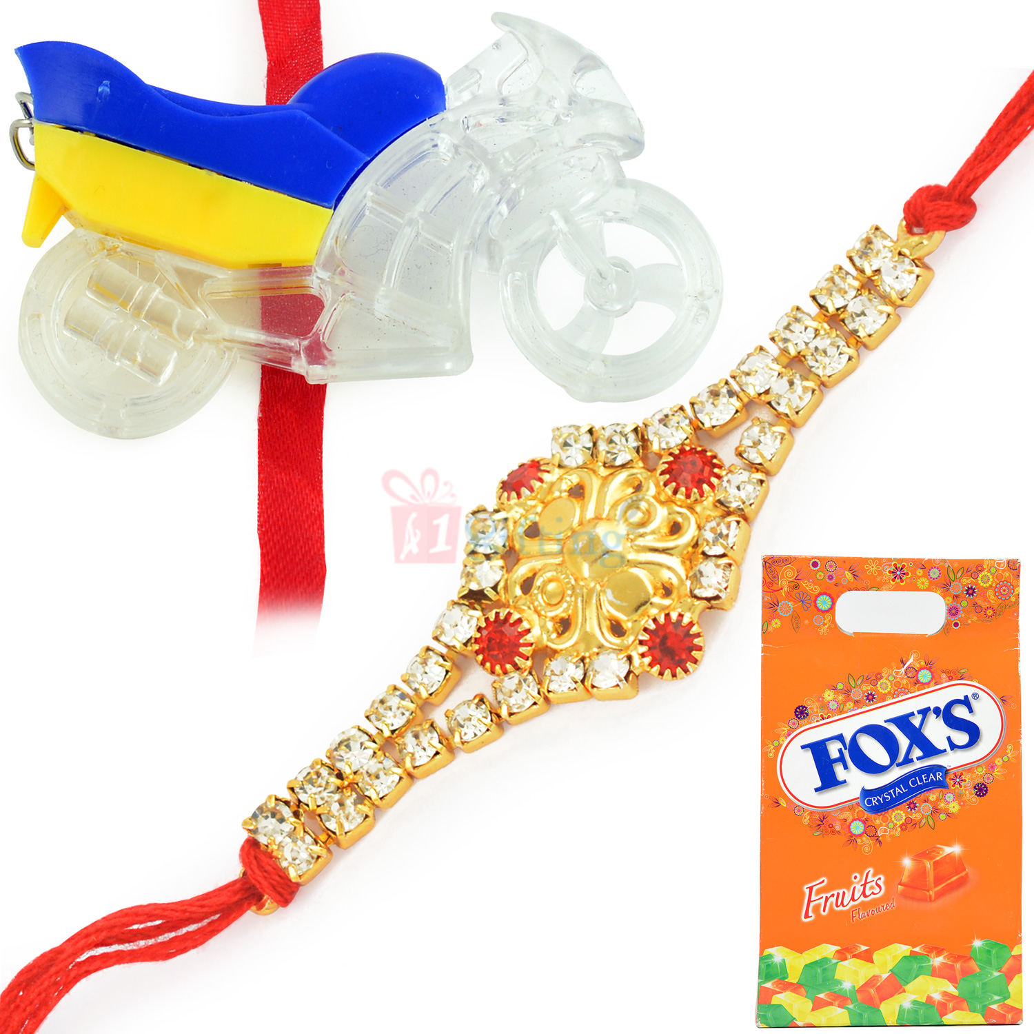 Kids Toy Rakhi with Jewel Rakhi and Foxs Fruits Chocolate