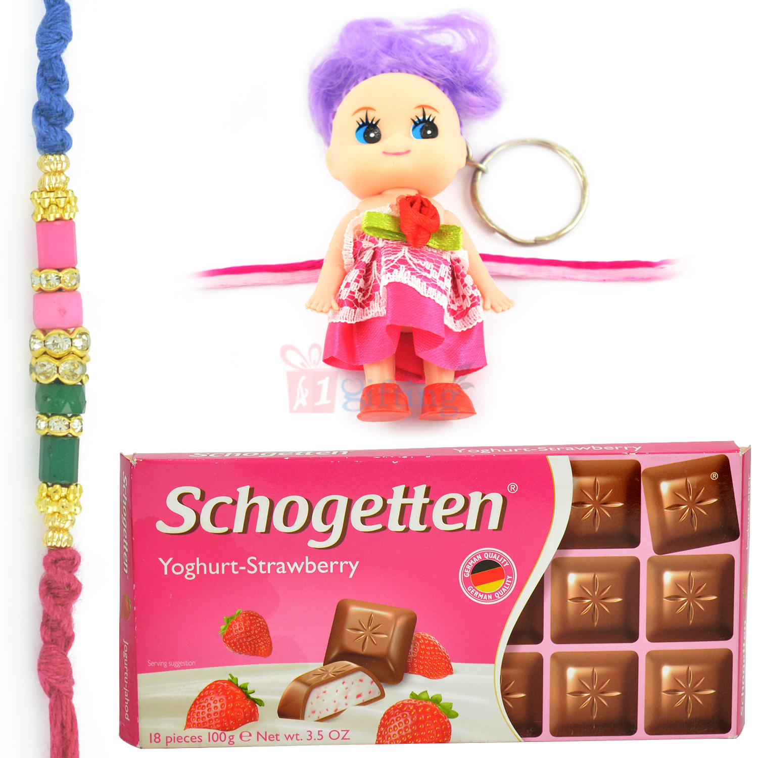 Multi Colour Brother and Kids Toy Rakhi with Schogetten Chocolate Pack