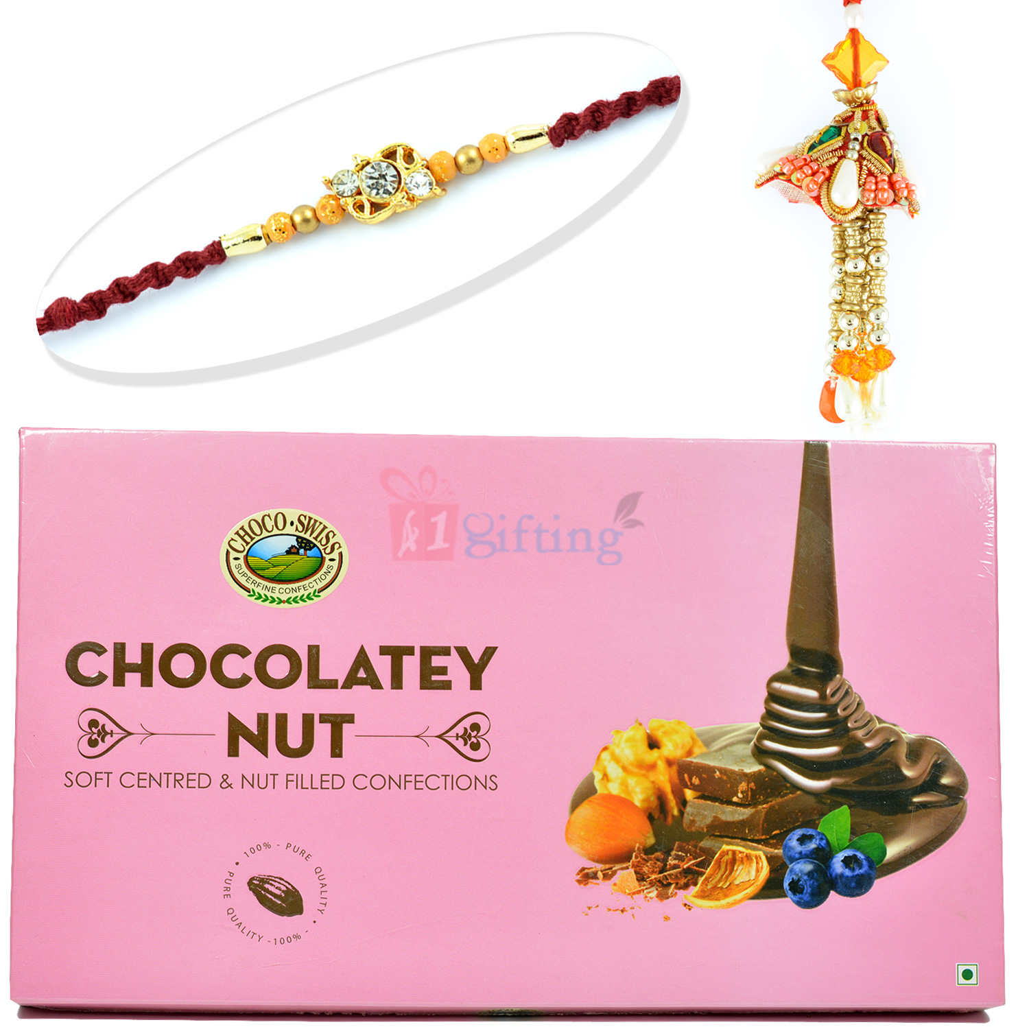 Tasty Chocolatey Nuts with Traditional Pair Rakhi Set