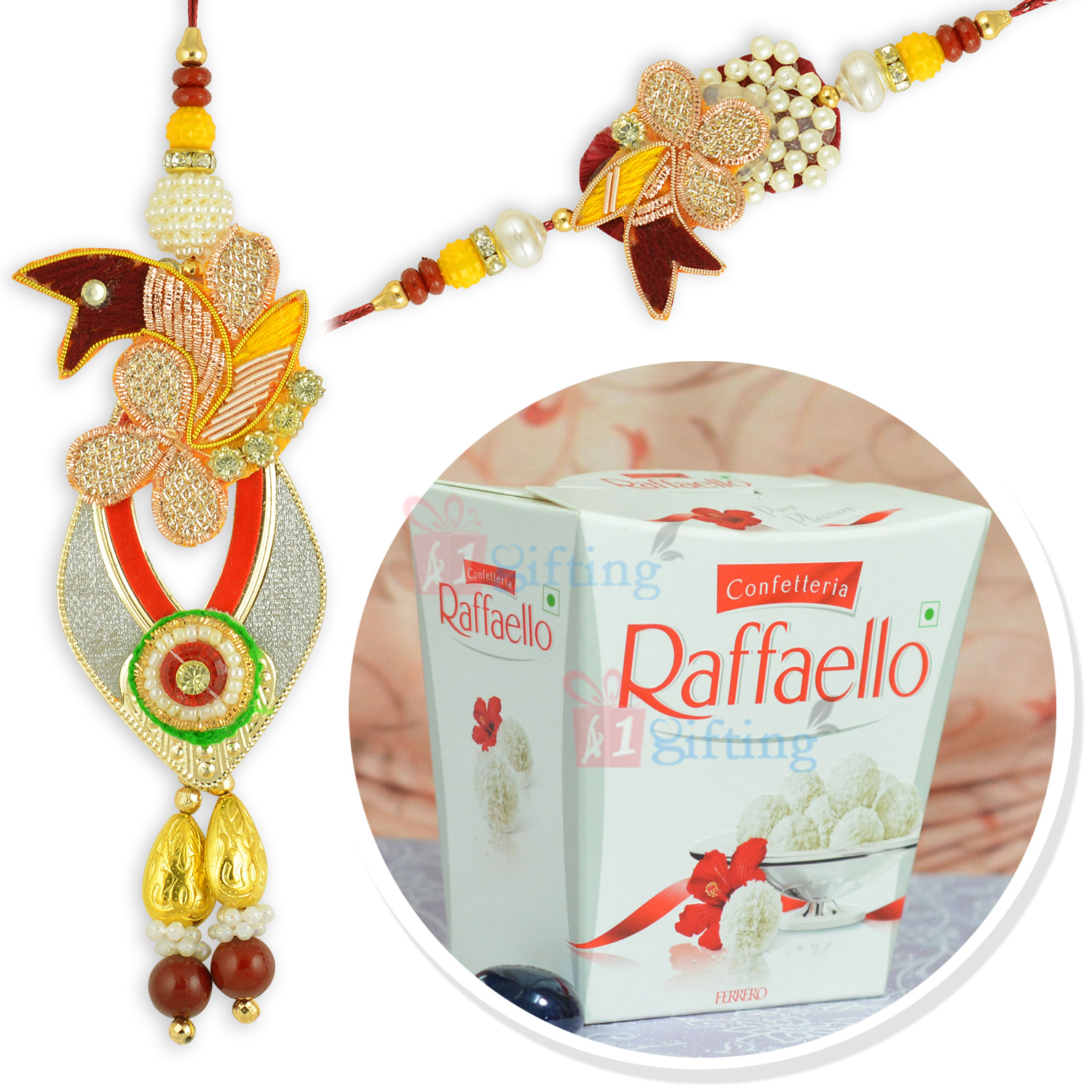 Raffaello Chocolate Pack with Pearl Zari Pair Rakhi Set