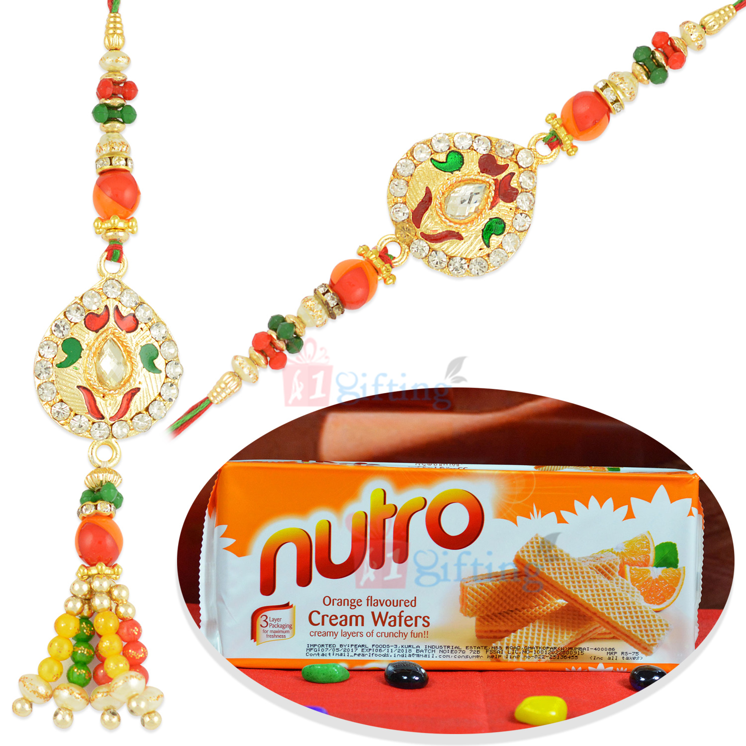 Tasty Nutro Wafers with Jewel Meena Pair Rakhi Set