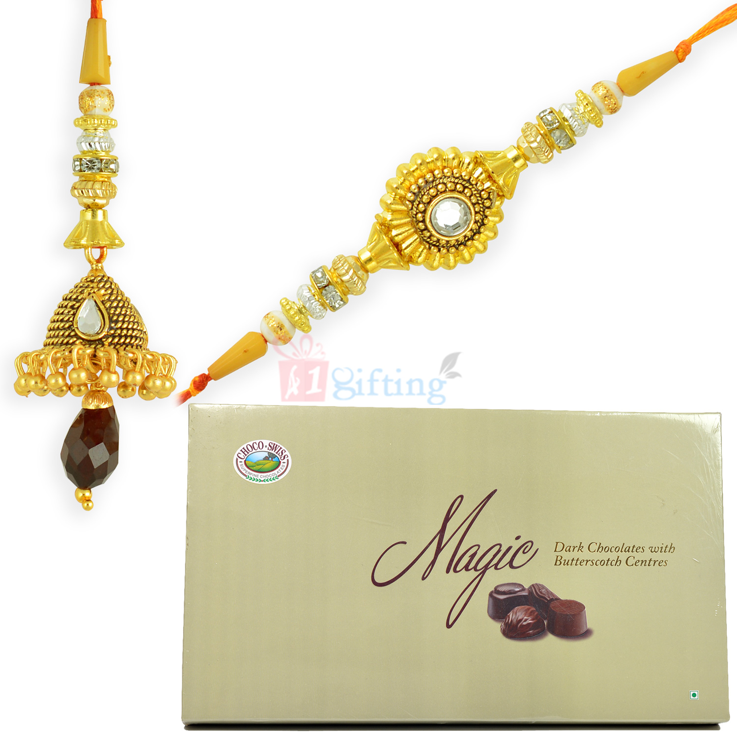 Magic Chocolate Pack with Antique Kundan Studded Pair Rakhi