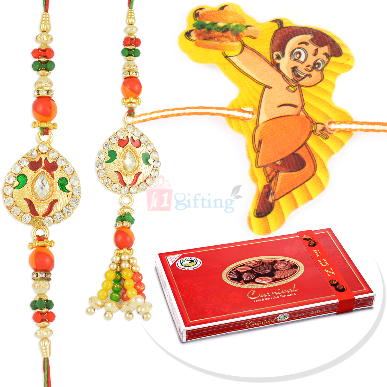 Carnival Fruit and Nut Chocolate with Jewel Pair and Kids Rakhi