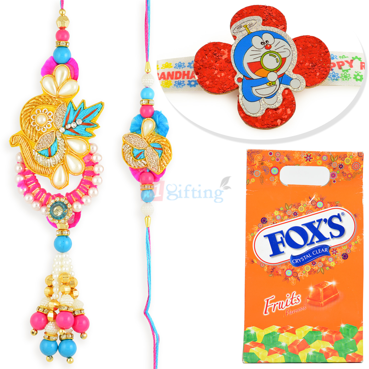 Foxs Fruits Chocolate with Zari Pair and Doraemon Kids Rakhi