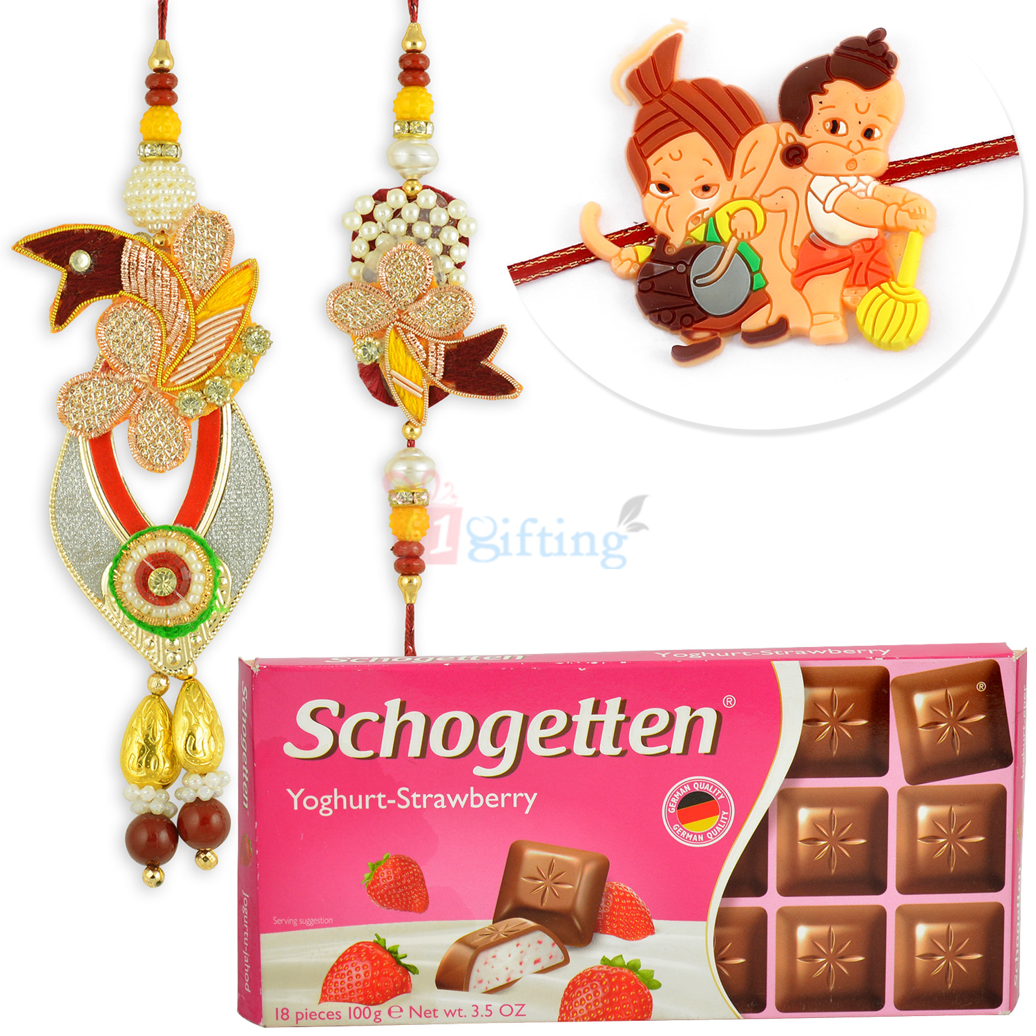 Schogetten Chocolate with Zari Pair and Kids Rakhi Combo